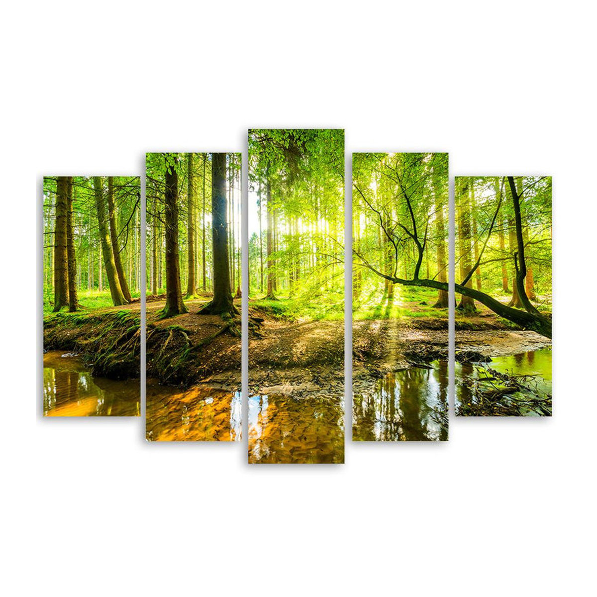 Fünfteiliger Leinwanddruck Feeby Forest Lake Nature in Grün, Landschaftsmotiv als Wanddekoration, B: 100 cm, H: 70 cm - Bild 3