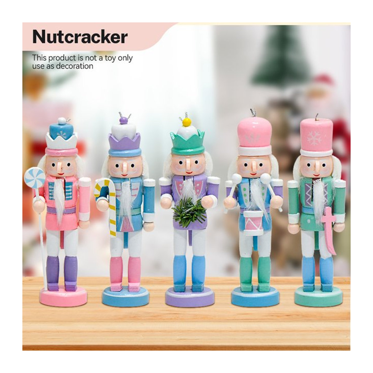 Fünfteiliges Set bunte Nussknacker aus Holz als Weihnachtsanhänger in Macaron-Farben, Höhe: 12 cm - Bild 1