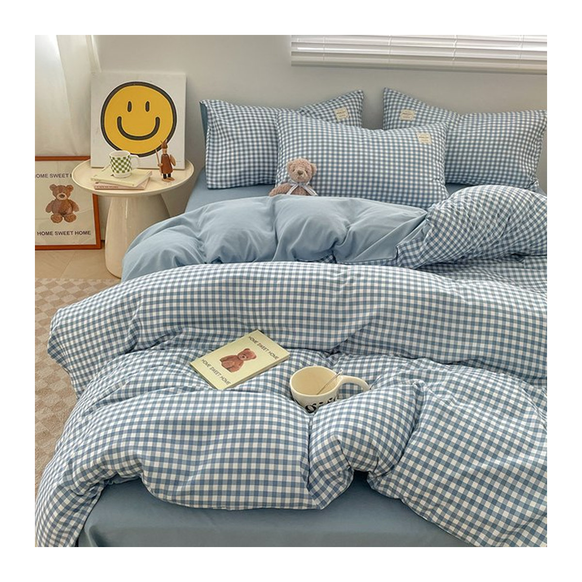 FUXUE Bettwäsche-Set aus gewaschener Baumwolle in Blau, vierteiliges kariertes Leinen-Bettbezug-Set - Bild 1