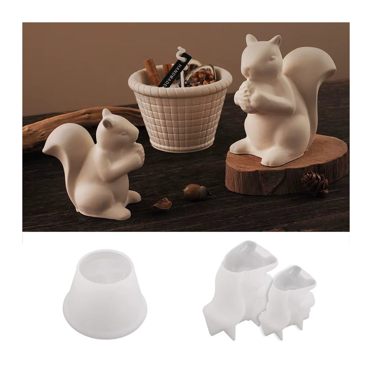 FxZoo Silikonform für DIY Blumenkorb, Kerze und Blumentopf mit Eichhörnchen- und Tannenzapfen-Motiv in Weiß - Bild 3