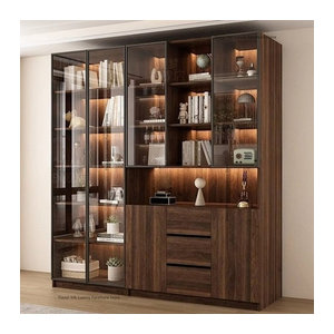 FYBK Vitrinenschrank aus Holz in Nussbaum mit Glastüren, skandinavisches Bücherregal und Weinschrank, H x B x T: 200 x 60 x 32 cm