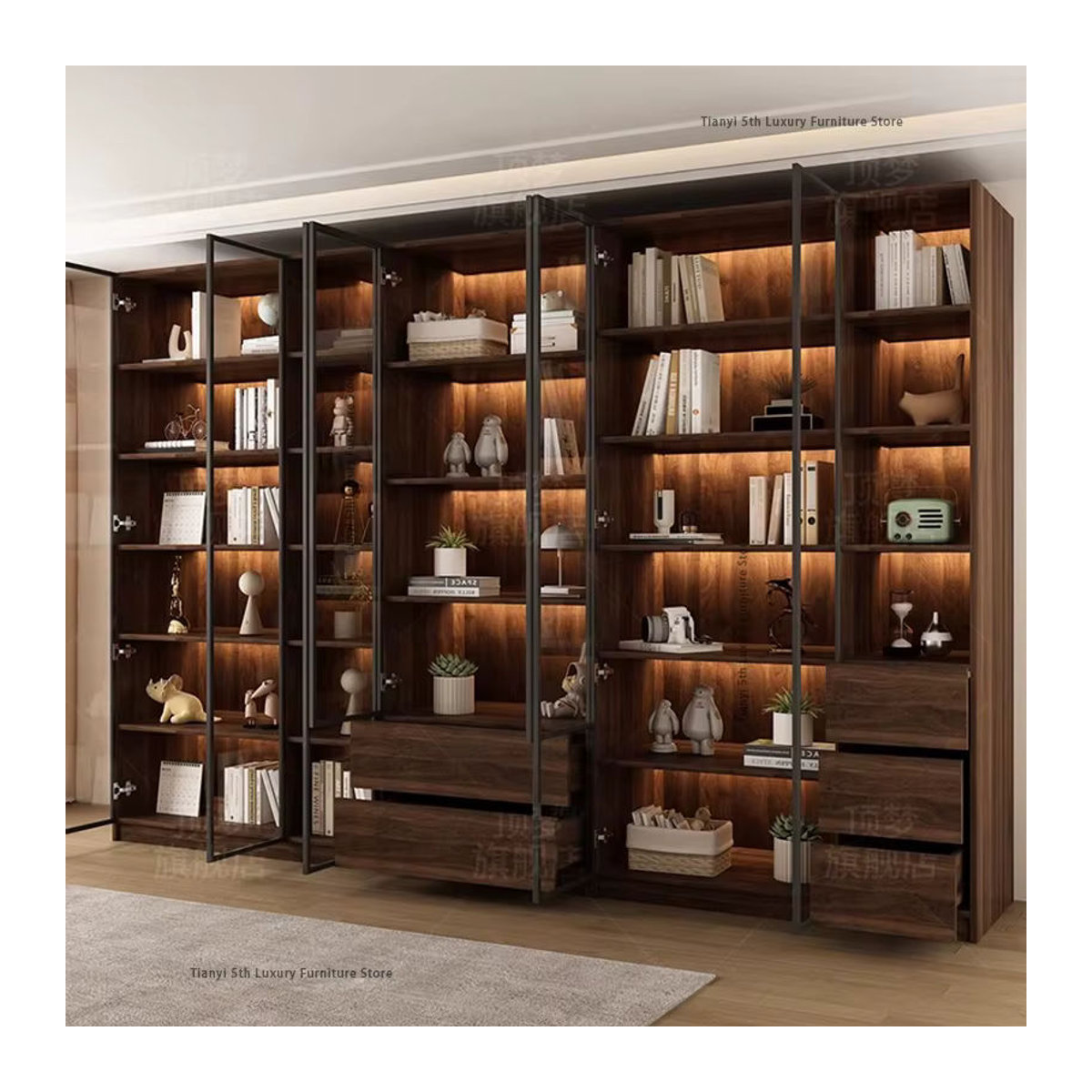 FYBK Vitrinenschrank aus Holz in Nussbaum mit Glastüren, skandinavisches Bücherregal und Weinschrank, H x B x T: 200 x 60 x 32 cm - Bild 2