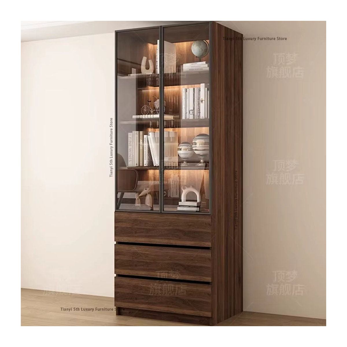 FYBK Vitrinenschrank aus Holz in Nussbaum mit Glastüren, skandinavisches Bücherregal und Weinschrank, H x B x T: 200 x 60 x 32 cm - Bild 3