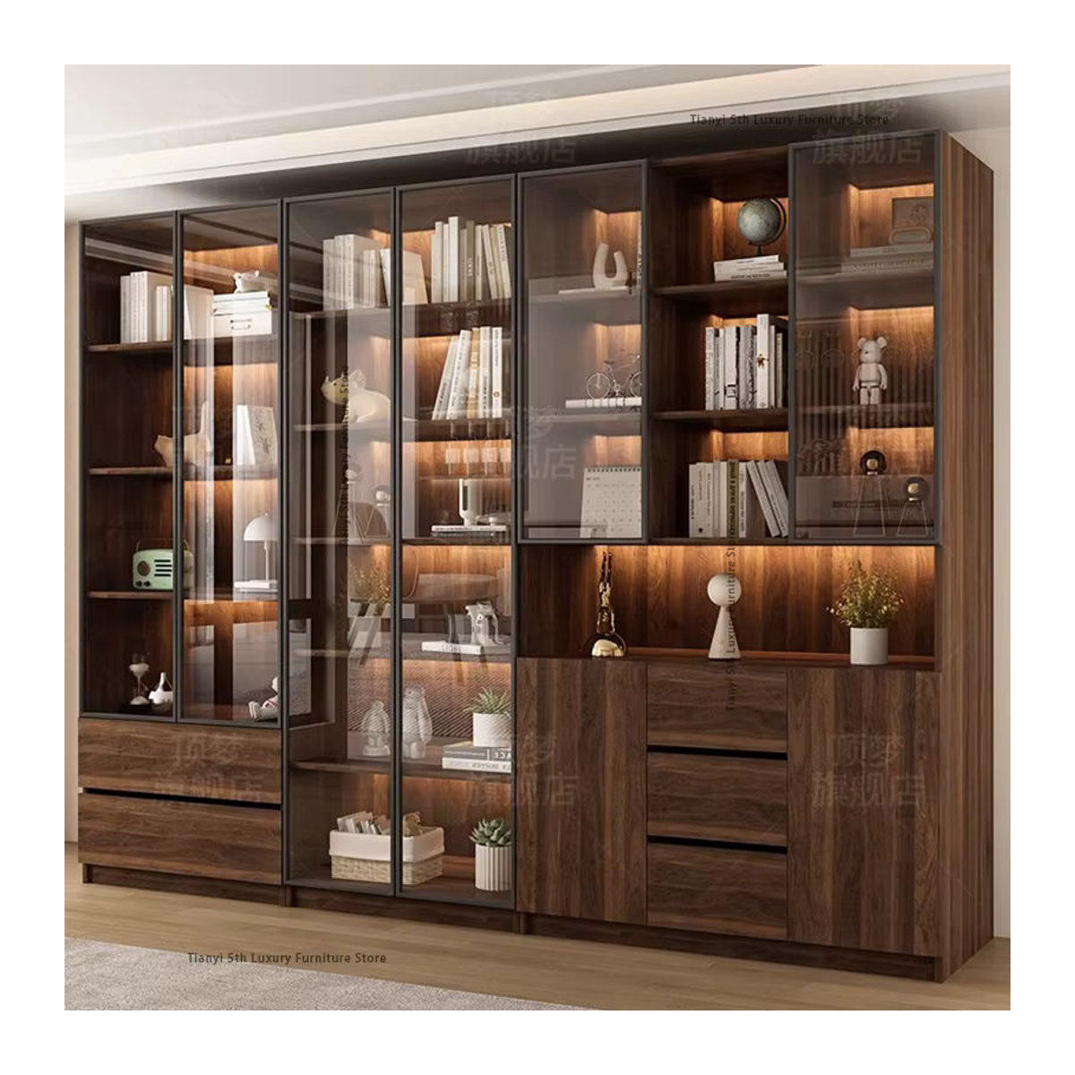 FYBK Vitrinenschrank aus Holz in Nussbaum mit Glastüren, skandinavisches Bücherregal und Weinschrank, H x B x T: 200 x 60 x 32 cm - Bild 4
