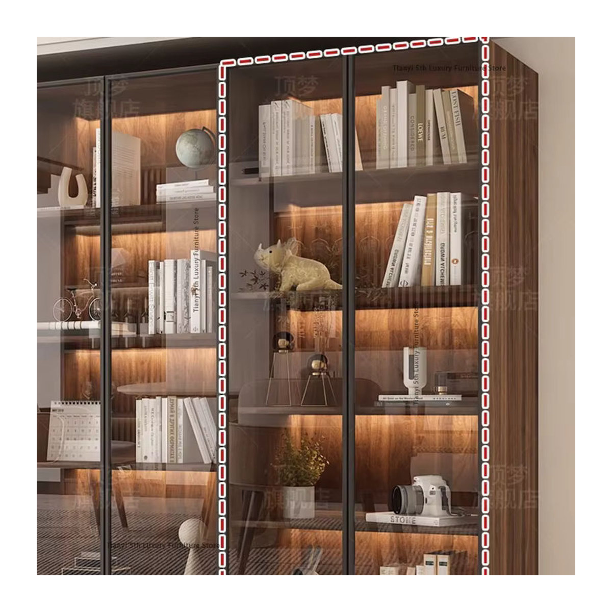 FYBK Vitrinenschrank aus Holz in Nussbaum mit Glastüren, skandinavisches Bücherregal und Weinschrank, H x B x T: 200 x 60 x 32 cm - Bild 5