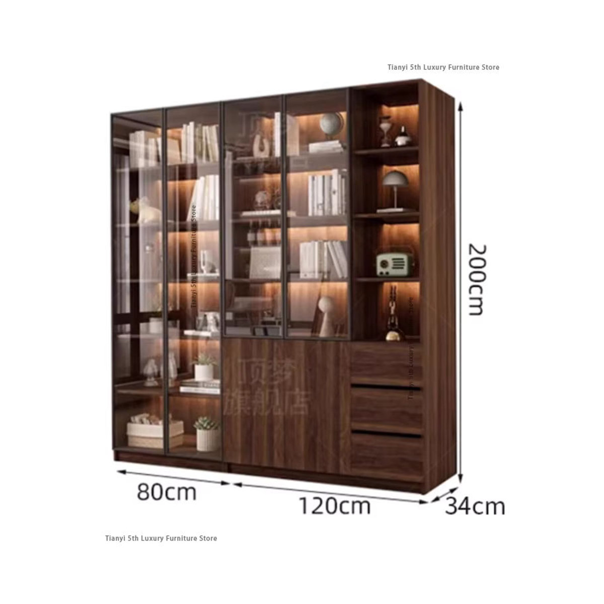 FYBK Vitrinenschrank aus Holz in Nussbaum mit Glastüren, skandinavisches Bücherregal und Weinschrank, H x B x T: 200 x 60 x 32 cm - Bild 6