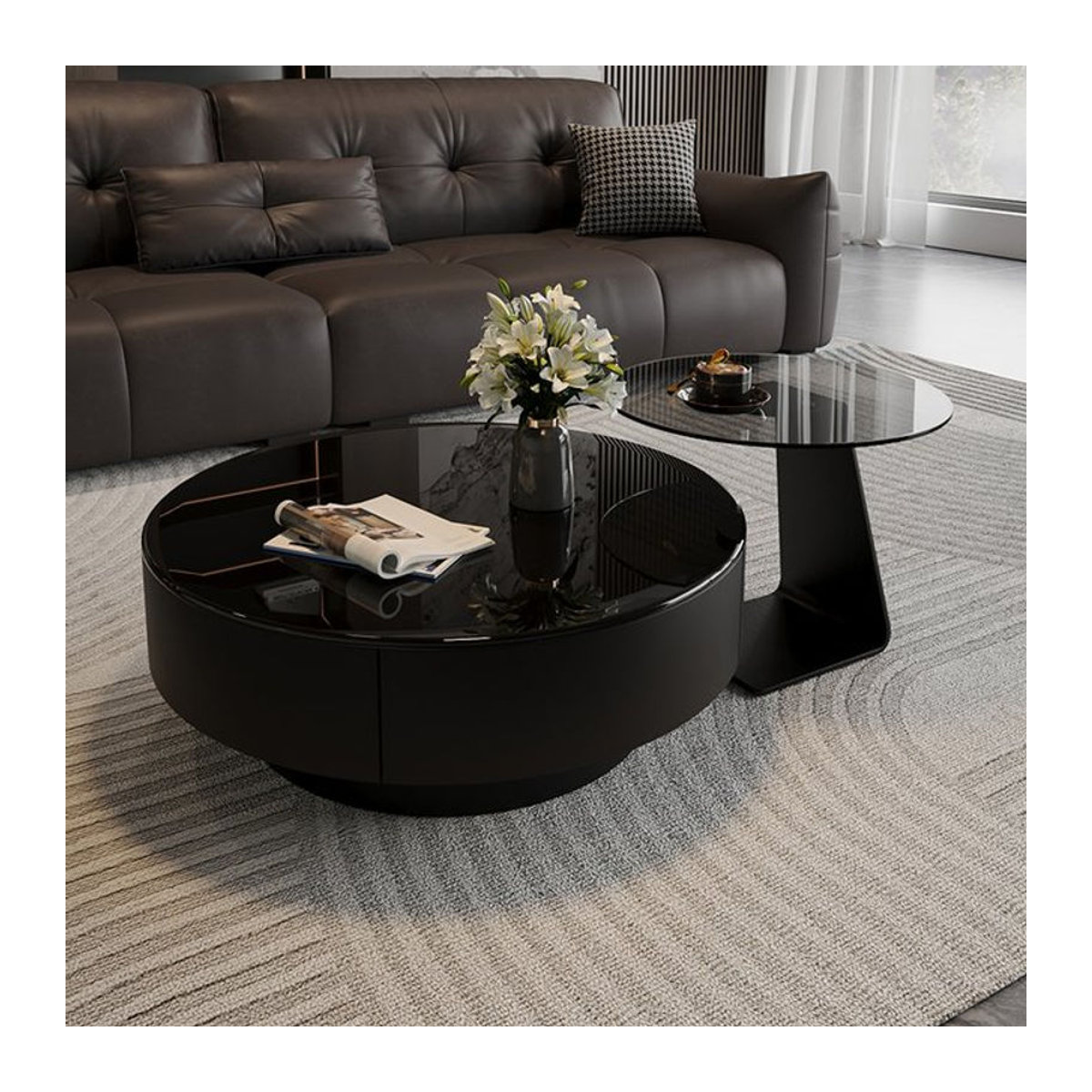 FYCT Modernes Couchtisch-Set aus Glas in Schwarz, Rund, Italienischer Luxus-Stil - Bild 1