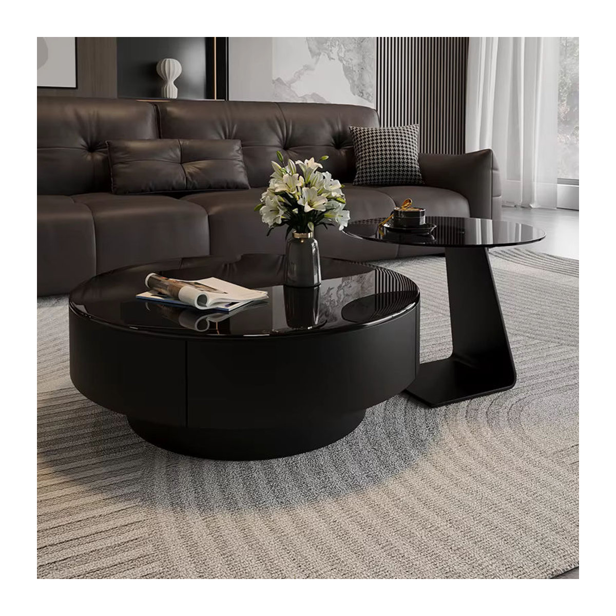 FYCT Modernes Couchtisch-Set aus Glas in Schwarz, Rund, Italienischer Luxus-Stil - Bild 2