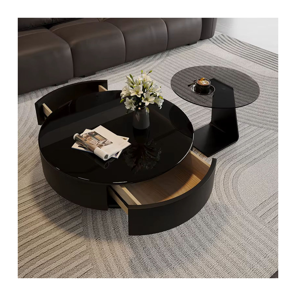 FYCT Modernes Couchtisch-Set aus Glas in Schwarz, Rund, Italienischer Luxus-Stil - Bild 3