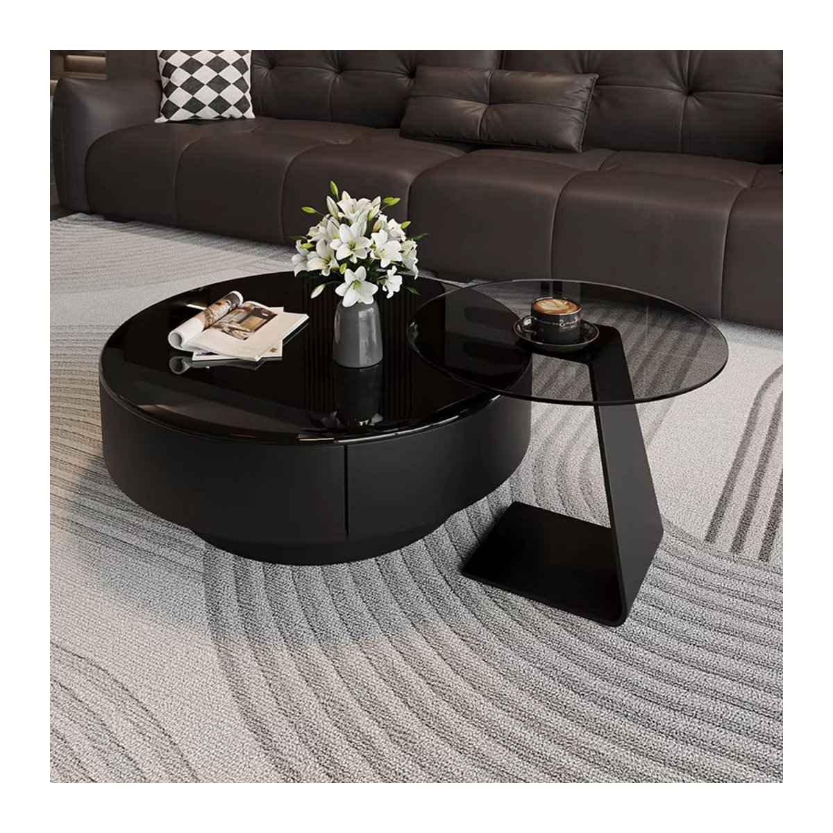 FYCT Modernes Couchtisch-Set aus Glas in Schwarz, Rund, Italienischer Luxus-Stil - Bild 5