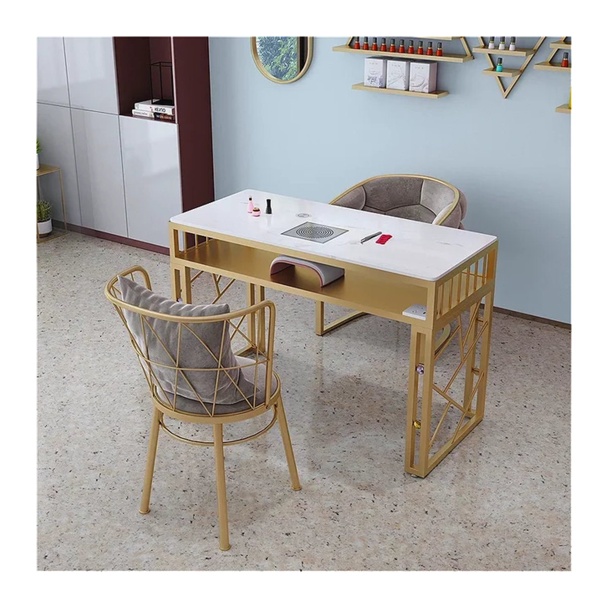 FYMT Beistelltisch aus Marmor und Metall in Weiß mit integrierter Steckdose, quadratischer Design-Couchtisch im Nordic Luxus Stil - Bild 1