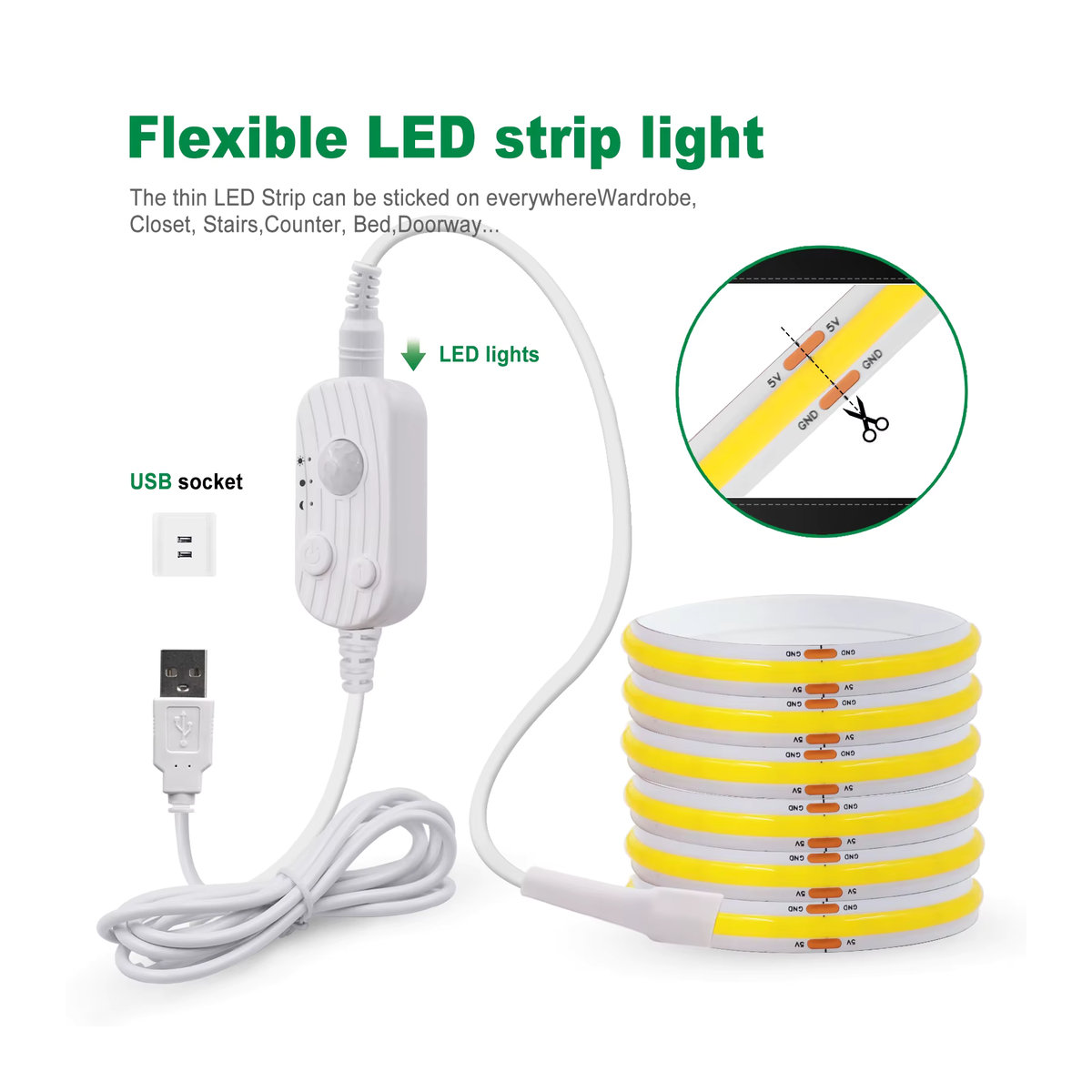 GAHADA LED COB Lichtstreifen mit Bewegungssensor, USB Wireless DC 5V, 320 LEDs, Nachtlicht für Küche, Treppen, Kleiderschrank und Bett - Bild 5