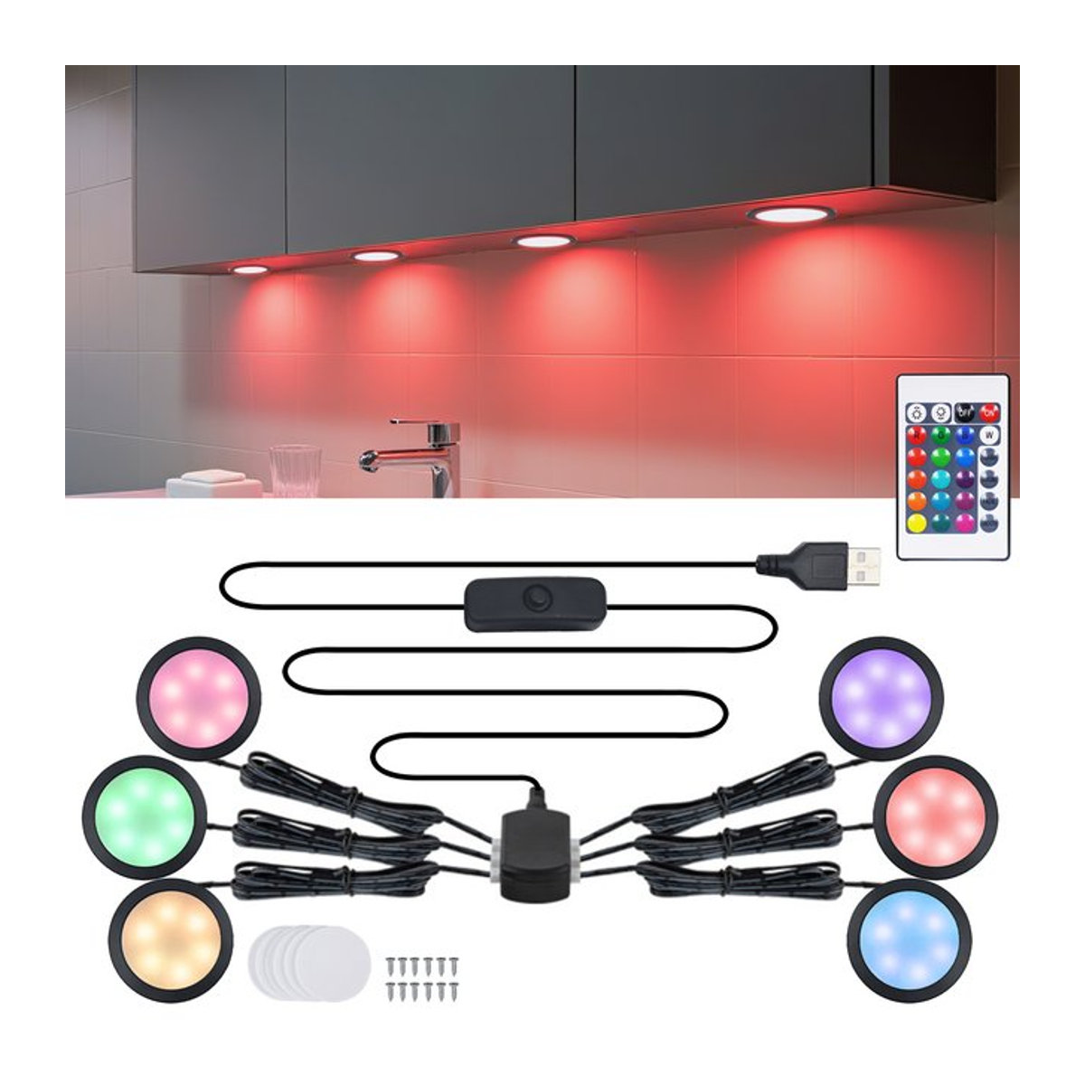 GAHADA USB RGB LED Strahler Set für Möbelbeleuchtung, ultraflach 8mm, Aluminium, Bunt mit Fernbedienung - Bild 1