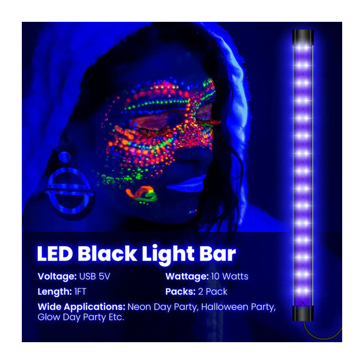GAHADA UV-Schwarzlicht-LED-Leiste 10 W mit USB-Anschluss und Schalter, 365–390 nm, Schwarz - Bild 3