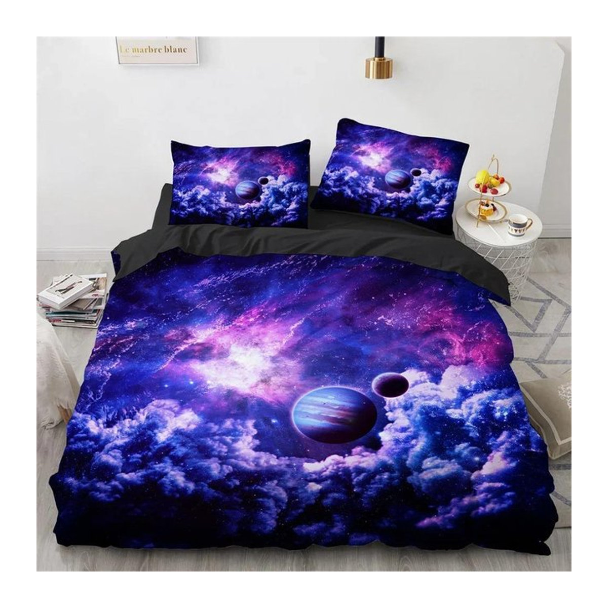 Galaxy Planet König Königin Bettwäsche Set mit 3D Weltraum Design in Blau von Binchi Outdoor Product, 2er Set mit Reißverschluss, B/H: 70 x 133 cm - Bild 1