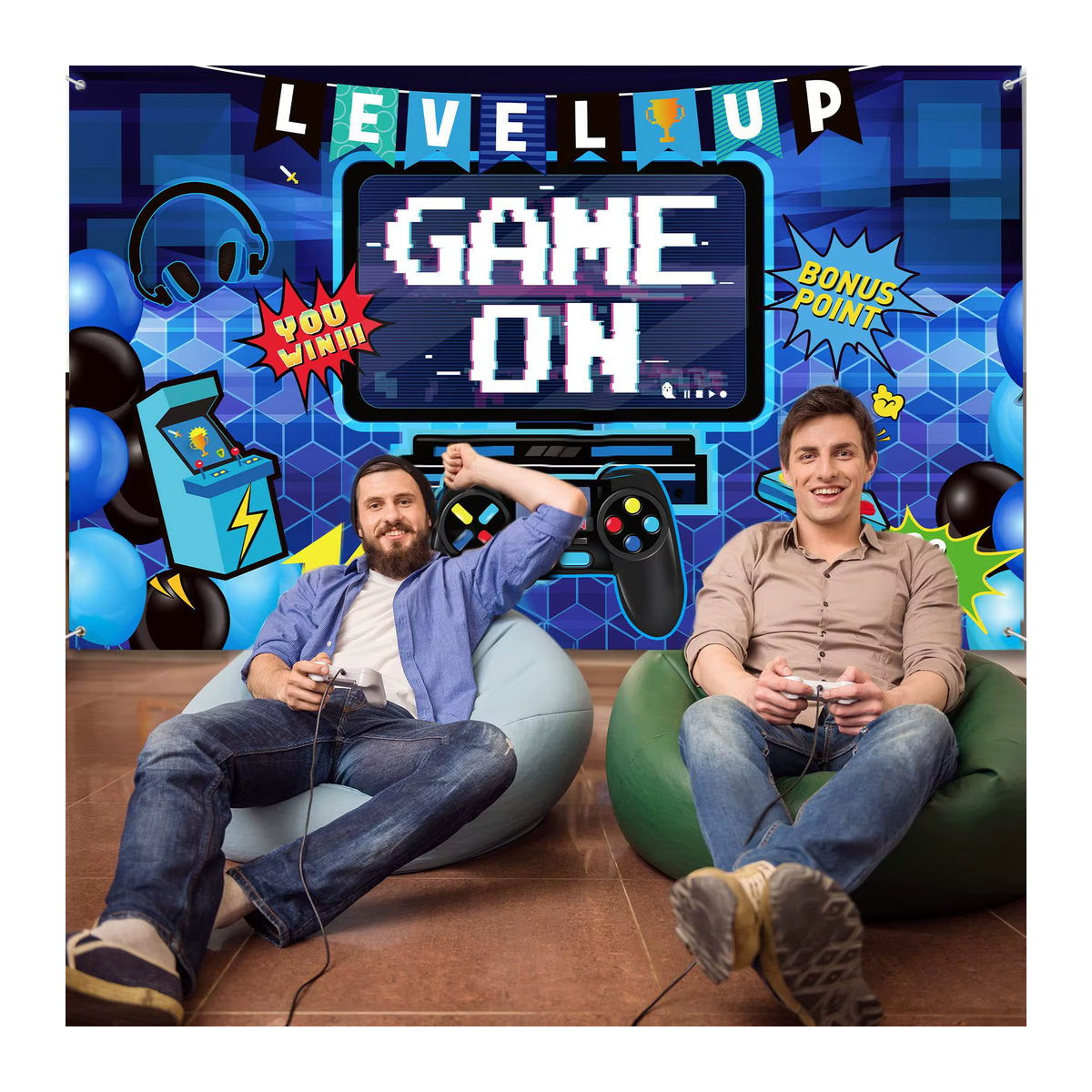 Gaming Geburtstagshintergrund Level Up mit Gamepad-Motiv in Blau, rechteckiges Party-Banner zur Dekoration für Kinder - Bild 1