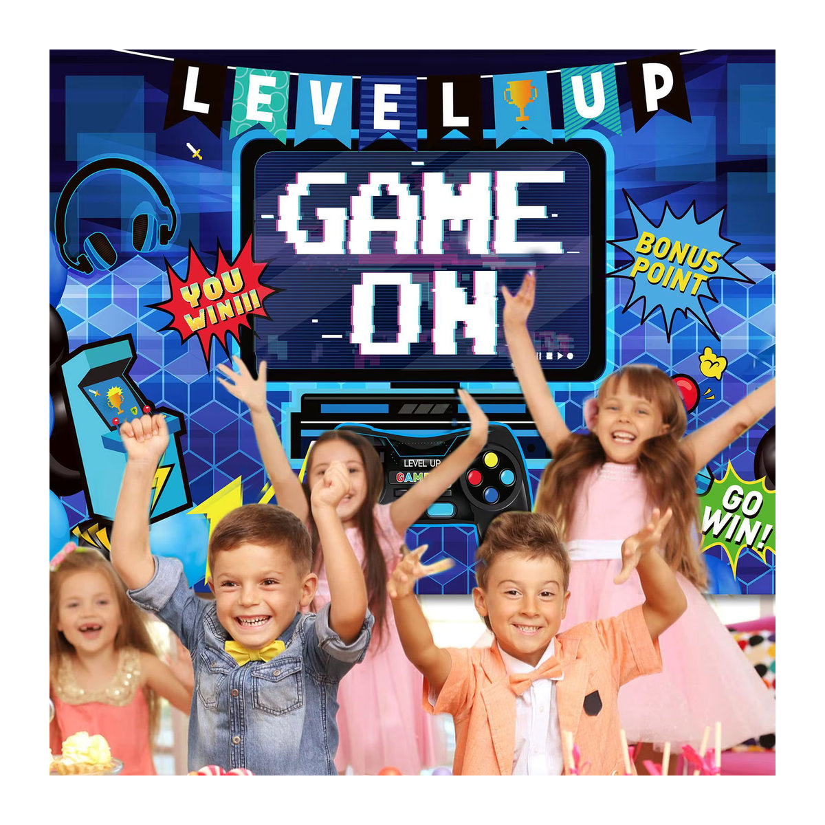 Gaming Geburtstagshintergrund Level Up mit Gamepad-Motiv in Blau, rechteckiges Party-Banner zur Dekoration für Kinder - Bild 2