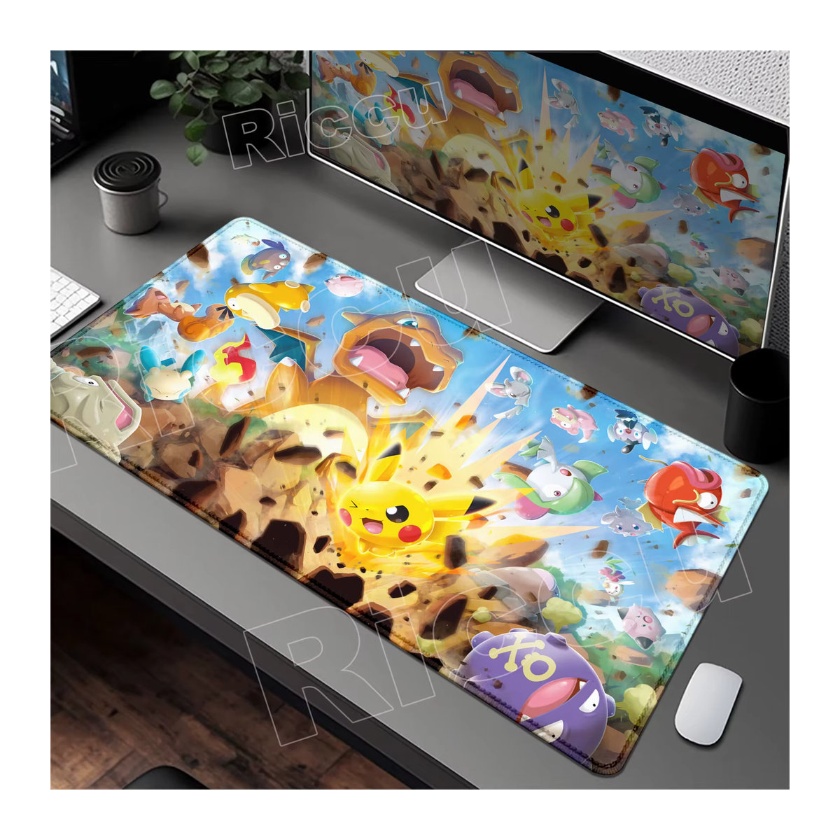 Gaming-Mauspad Potdemiel XXL mit Pikachu und Slowpoke Design, mehrfarbig, B/T: 90 x 40 cm - Bild 2