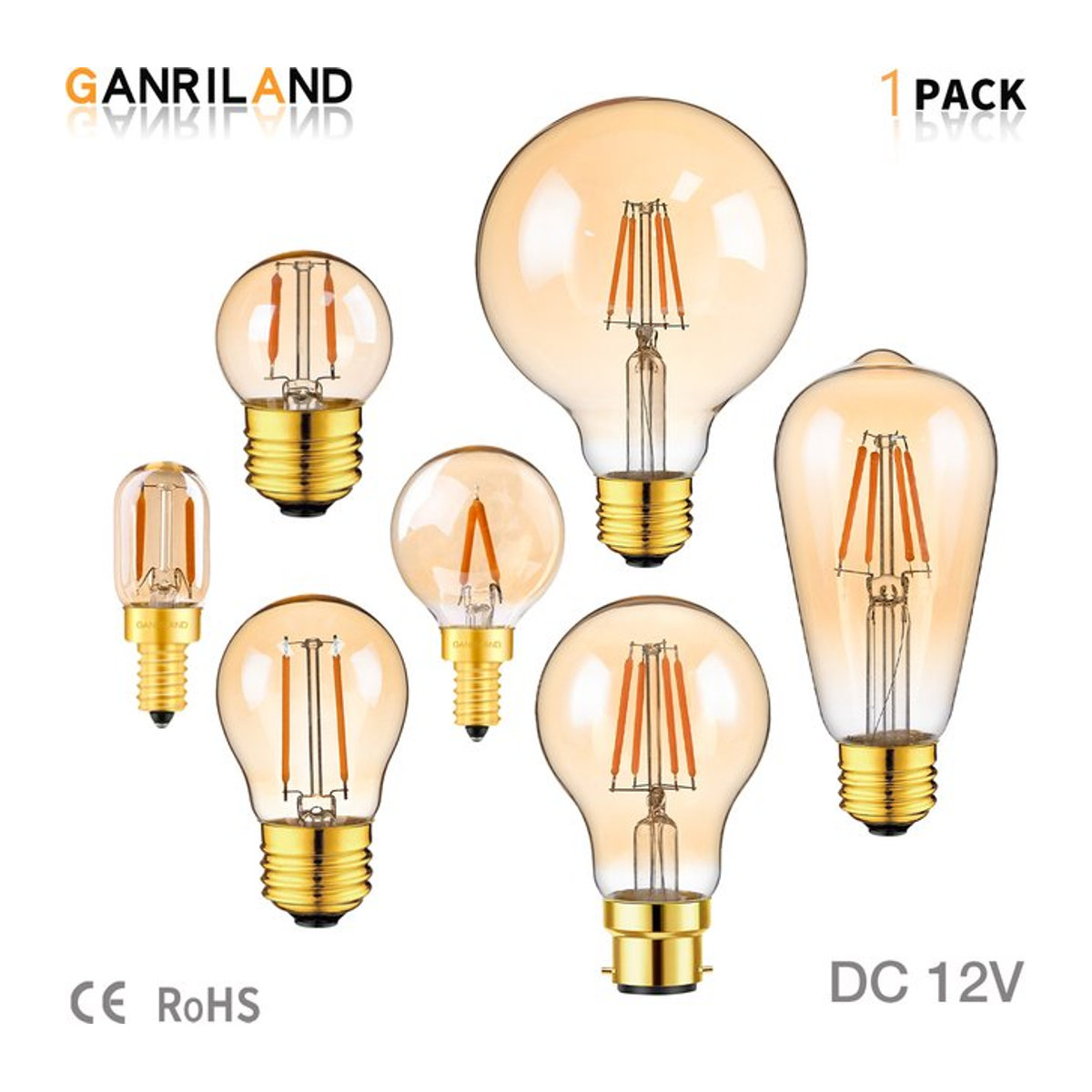 GANRILAND Vintage LED-Glühbirne Bernstein Glas Warmweiß 2200K für DC 12V E14 E27 B22 Sockel Retro Design für Marine RV Solar und Camping - Bild 1
