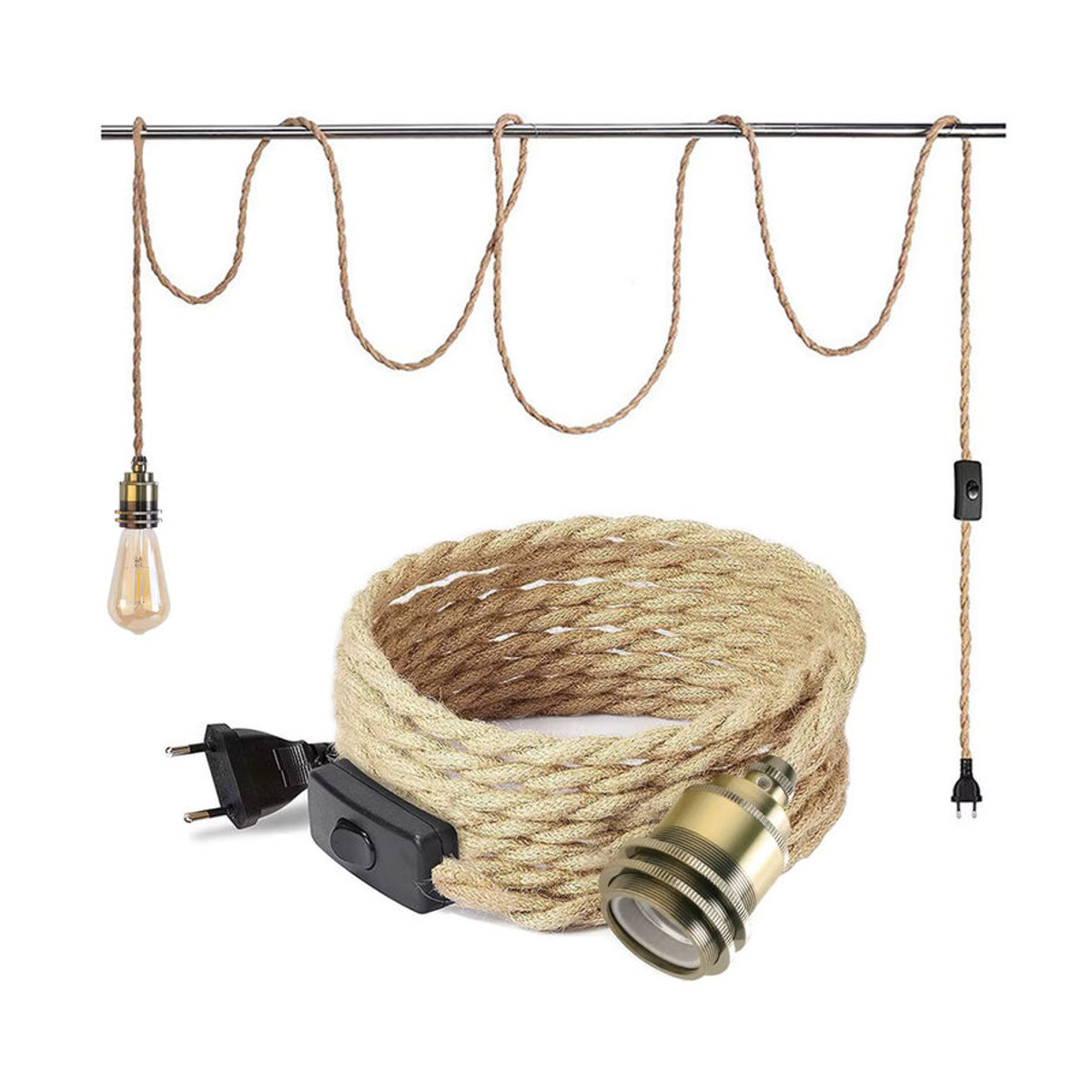GANRILAND Vintage Pendelleuchte im Industrial Design mit Hanfseil und E27 Fassung, Braun - Bild 3