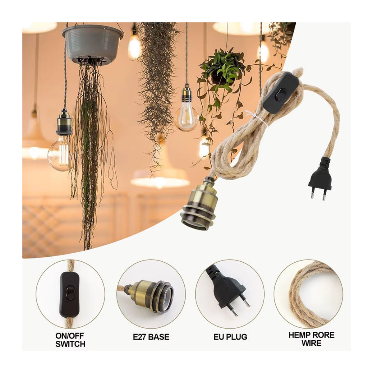 GANRILAND Vintage Pendelleuchte im Industrial Design mit Hanfseil und E27 Fassung, Braun - Bild 6
