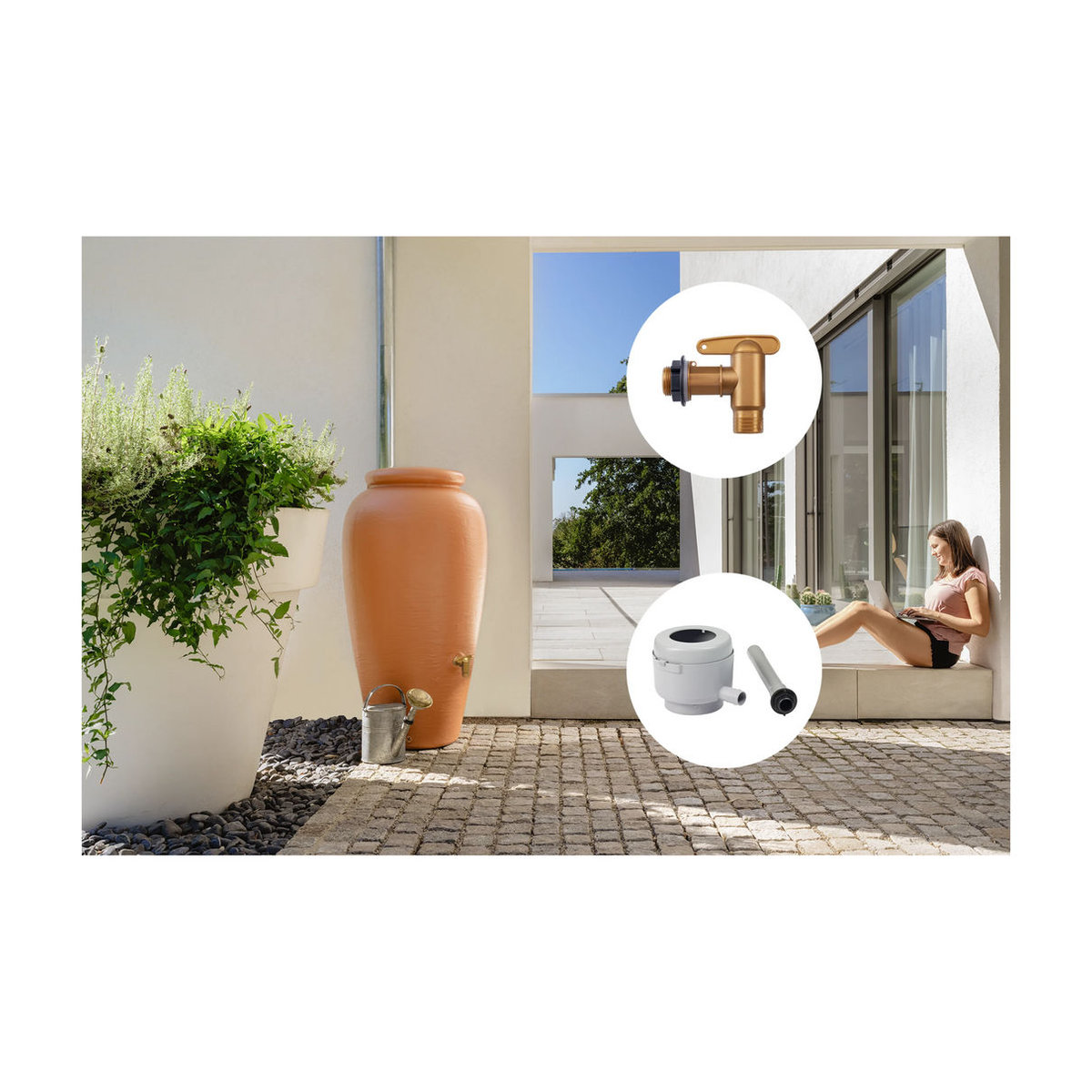 Garantia Regenwasserspeicher Amphora Komplett-Set in Terrakotta mit 500 Litern Fassungsvermögen inklusive Kunststoff-Auslaufhahn und Fallrohranschluss - Bild 2