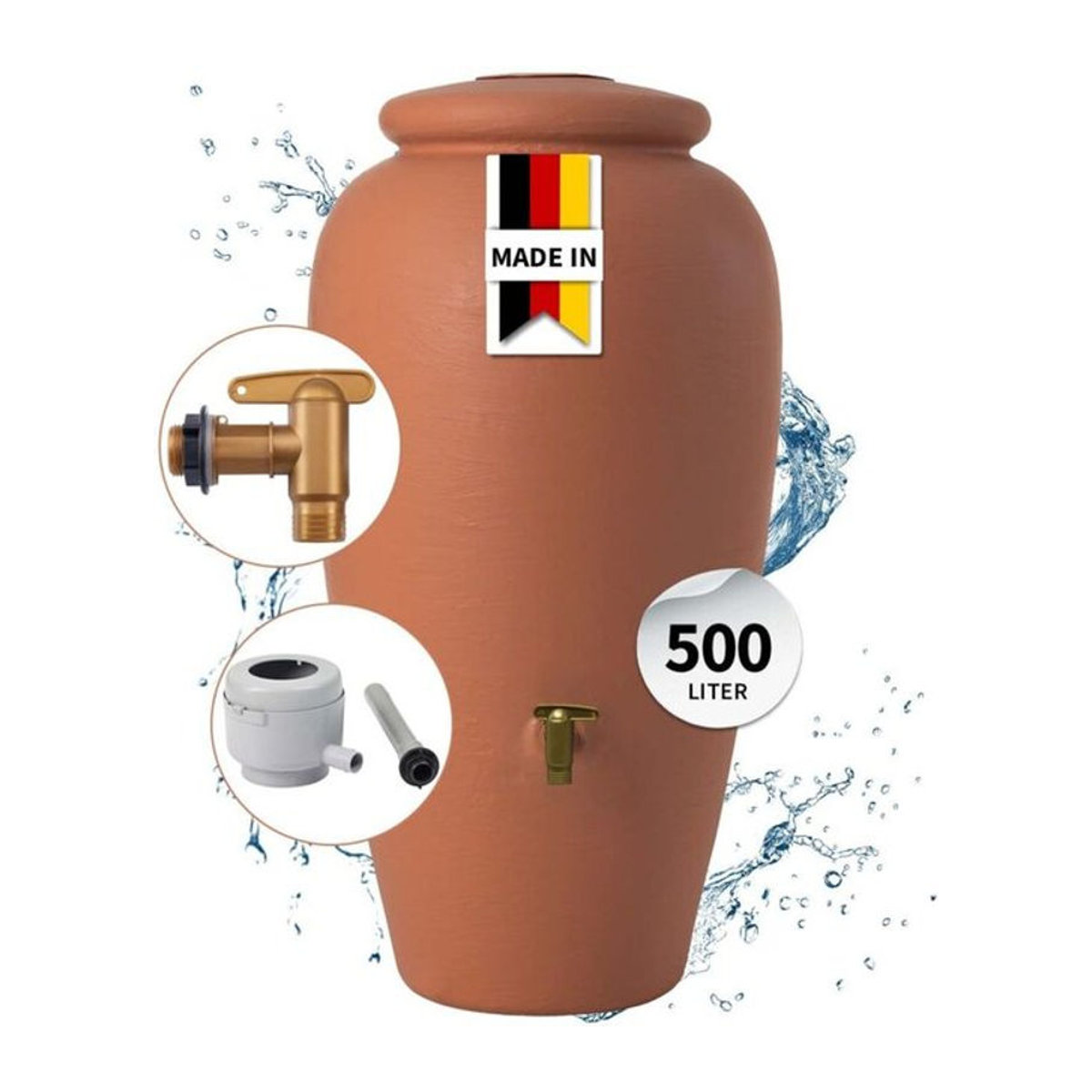 Garantia Regenwasserspeicher Amphora Komplett-Set in Terrakotta mit 500 Litern Fassungsvermögen inklusive Kunststoff-Auslaufhahn und Fallrohranschluss - Bild 5