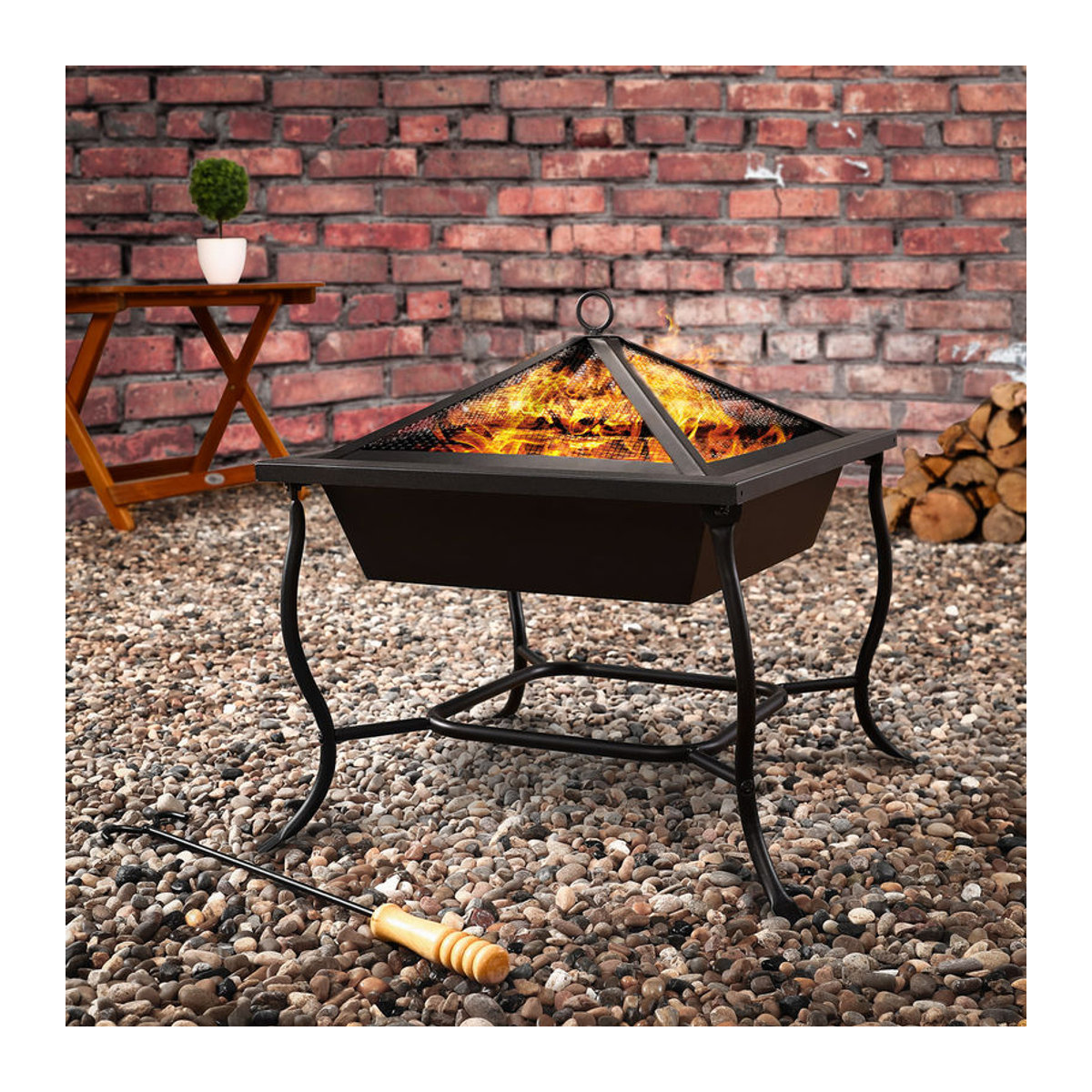 Gardebruk Feuerschale aus Stahl mit Funkenschutz und Schürhaken in Schwarz, B/T/H: 45 x 45 x 31/45 cm - Bild 2
