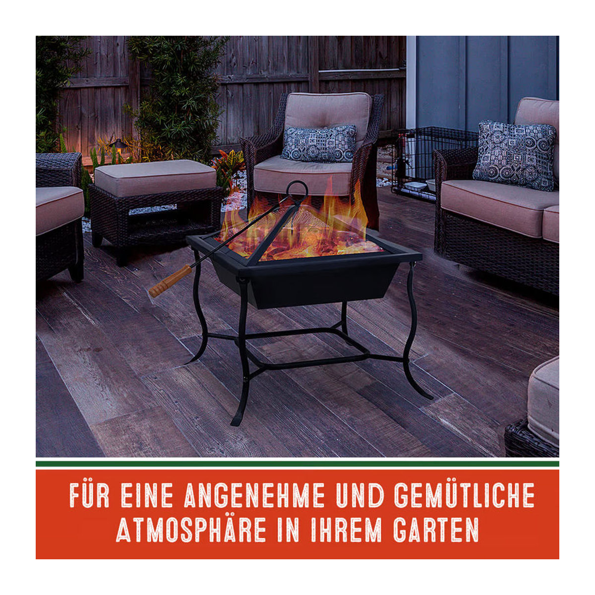 Gardebruk Feuerschale aus Stahl mit Funkenschutz und Schürhaken in Schwarz, B/T/H: 45 x 45 x 31/45 cm - Bild 4