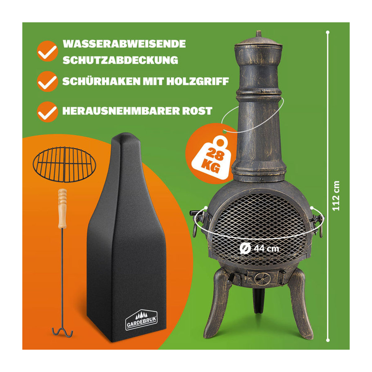 GARDEBRUK Terrassenofen aus Gusseisen in Schwarz und Rost-Optik mit Funkenschutz Abdeckung und Schürhaken Höhe: 112 cm - Bild 4