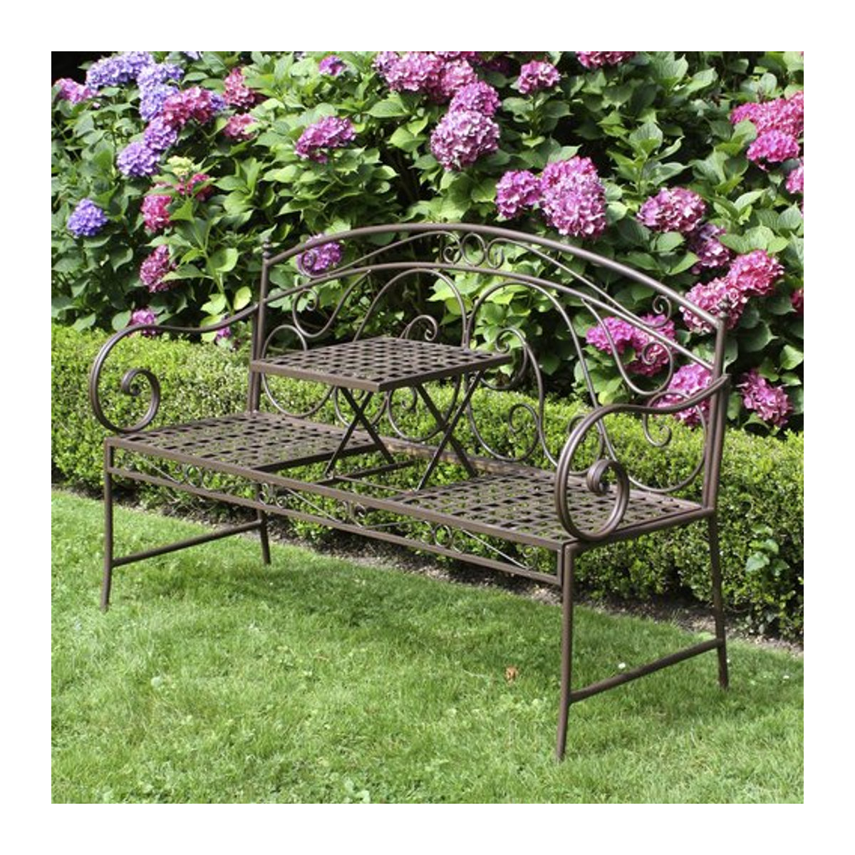 Garden Pleasure Bank SAKET aus Metall mit hochklappbarem Tisch in Braun, B/H/T: 148 x 96 x 55 cm - Bild 2