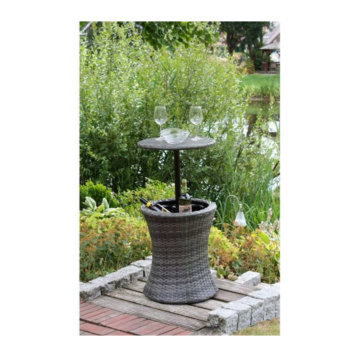 GARDEN PLEASURE Gartentisch MUMBAI Beistelltisch rund mit Getränkekühler aus Stahl und Polyrattan in Grau, Durchmesser: 45 cm - Bild 2