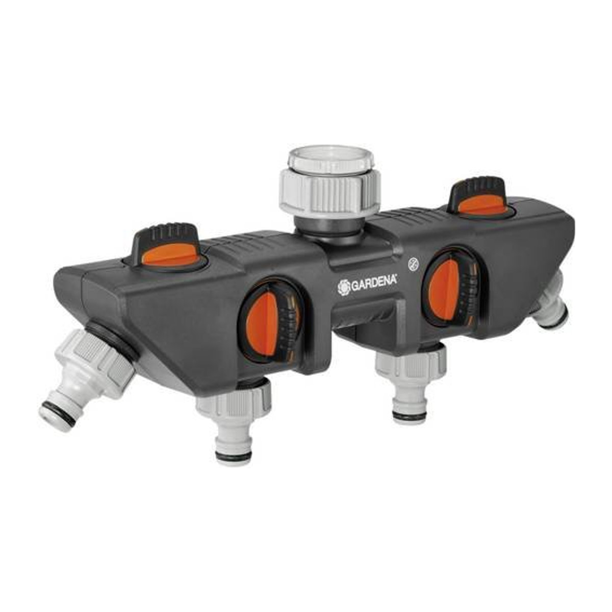 Gardena 4-Wege-Verteiler mit Regulierventil aus Kunststoff, grau/orange, B/T/H: 30,5 x 6,7 x 12,8 cm - Bild 1