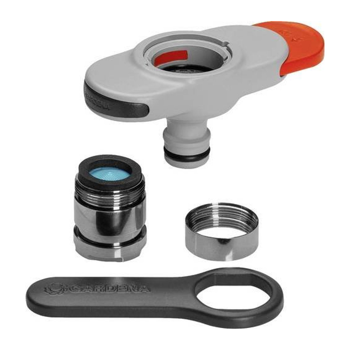 Gardena Hahnverbinder für Indoor-Wasserhähne aus Kunststoff und Aluminium, grau/orange/schwarz, B/T/H: 9,6 x 3,8 x 4 cm - Bild 1