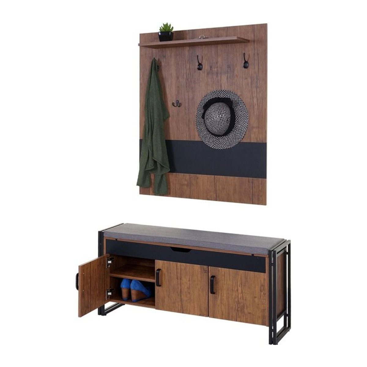 Garderobenset MCW mit Sitzbank und Kommode in Wildeiche-Optik Braun, B/T/H: 110 x 30 x 53 cm - Bild 1