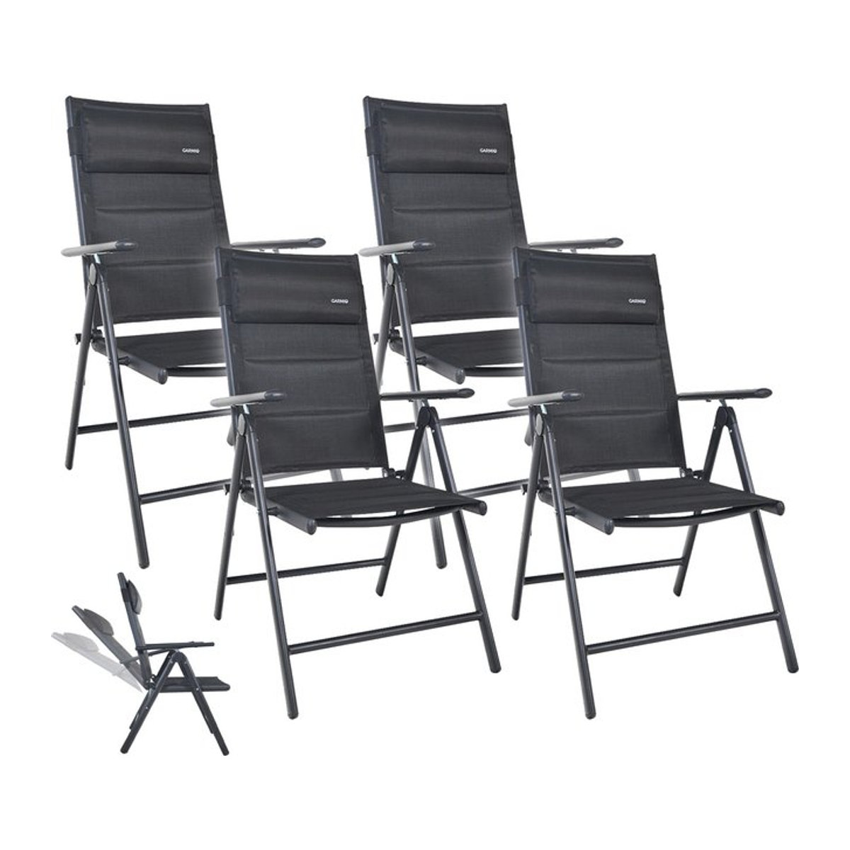 GARMIO Gartenstuhl FLORENZ 4er Set in Schwarz, 7-fach verstellbar und klappbar mit Nackenkissen für Terrasse und Balkon - Bild 1