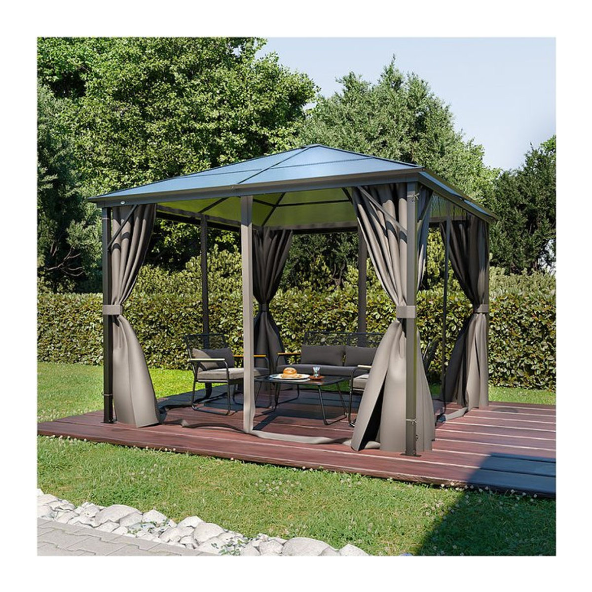 GARMIO Pavillon Garten Überdachung mit Polycarbonat Dach und Moskitonetz in Anthrazit mit Aluminiumrahmen und Metallgestell B/T/H: 300 x 300 x 300 cm - Bild 1