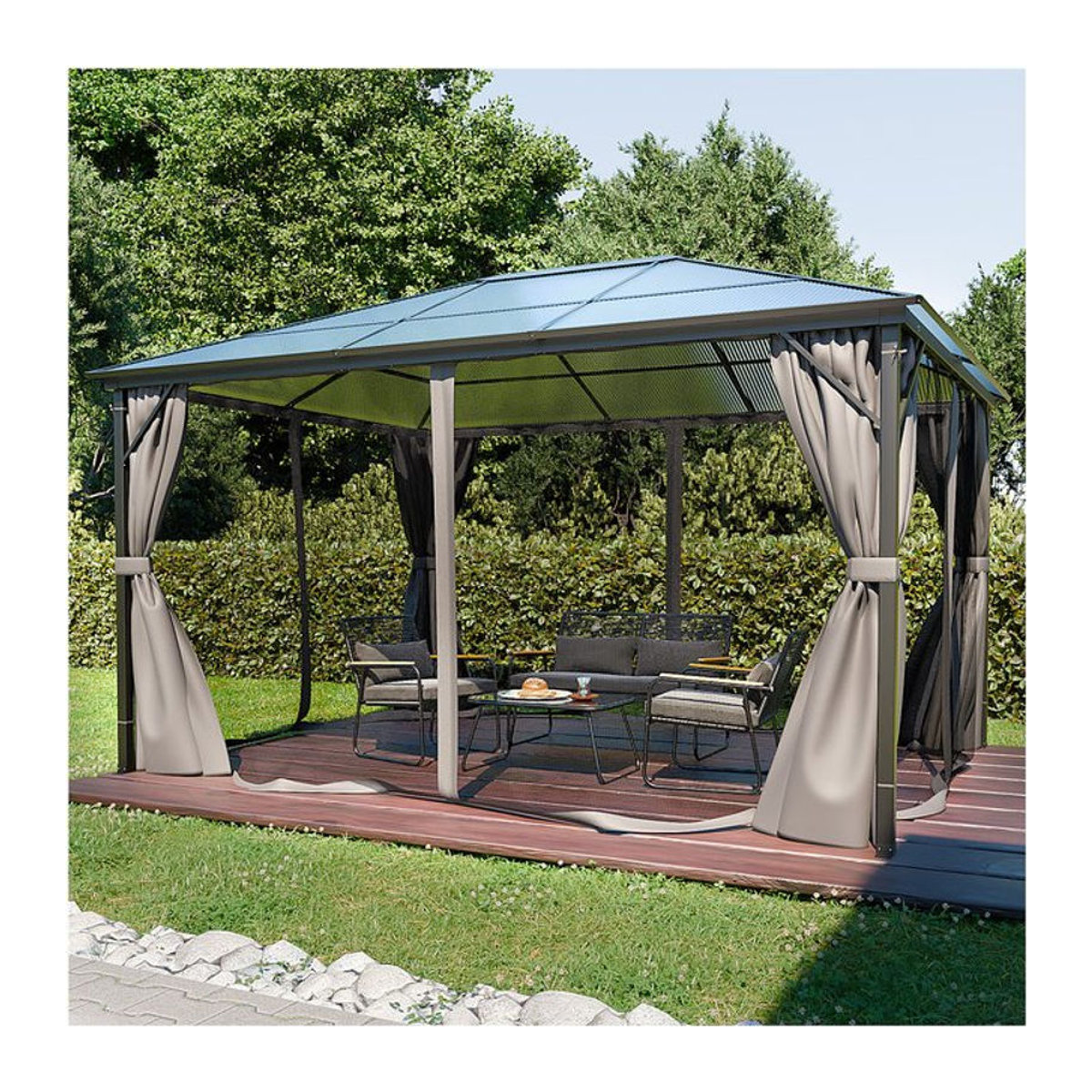 GARMIO Pavillon Garten Überdachung mit Polycarbonat Dach und Moskitonetz in Anthrazit mit Metallgestell und Aluminiumrahmen für Outdoor 3 x 4 m - Bild 1