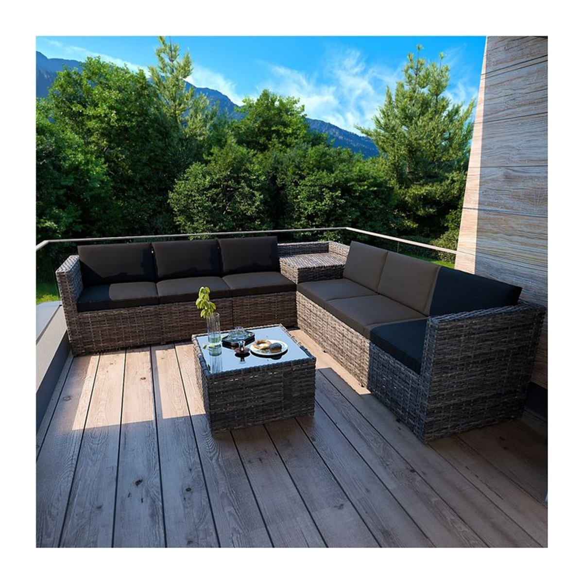 GARMIO TURIN 8-teilige Rattan Garten-Lounge aus Polyrattan in Grau mit Stauraum-Box und Glastisch - Bild 1