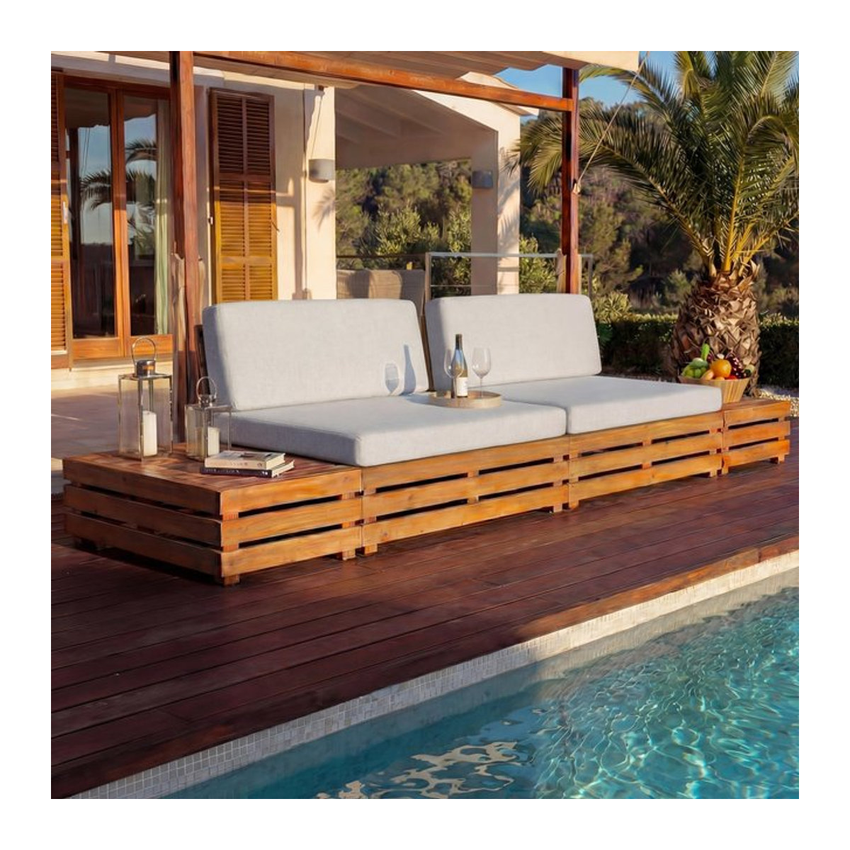 Garten-Garnitur MCW-L28 Lounge-Set aus Akazienholz mit hellgrauen Polstern - Bild 1