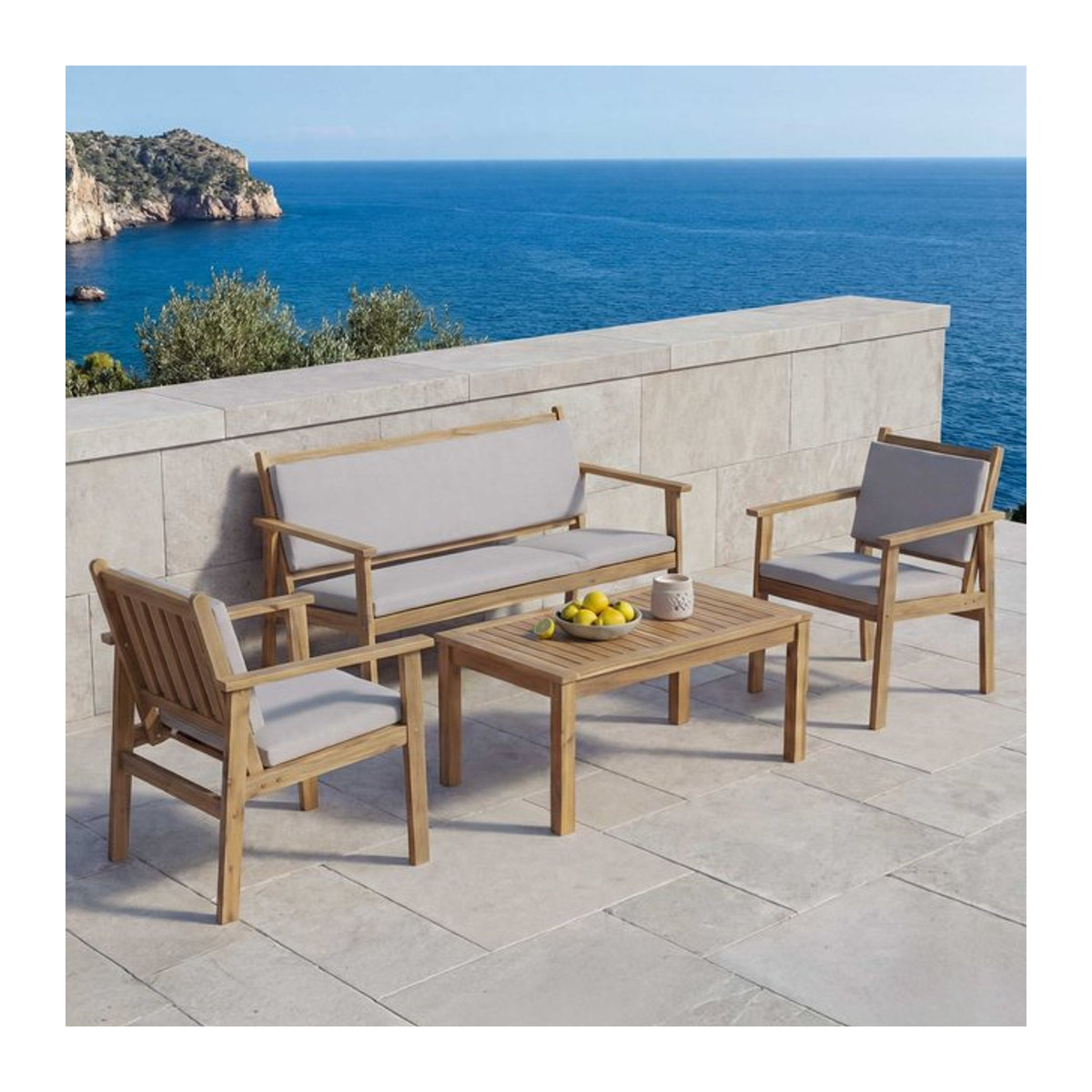 Garten-Garnitur MCW-O19 Lounge-Set aus Akazienholz mit grauen Stoffkissen - Bild 1