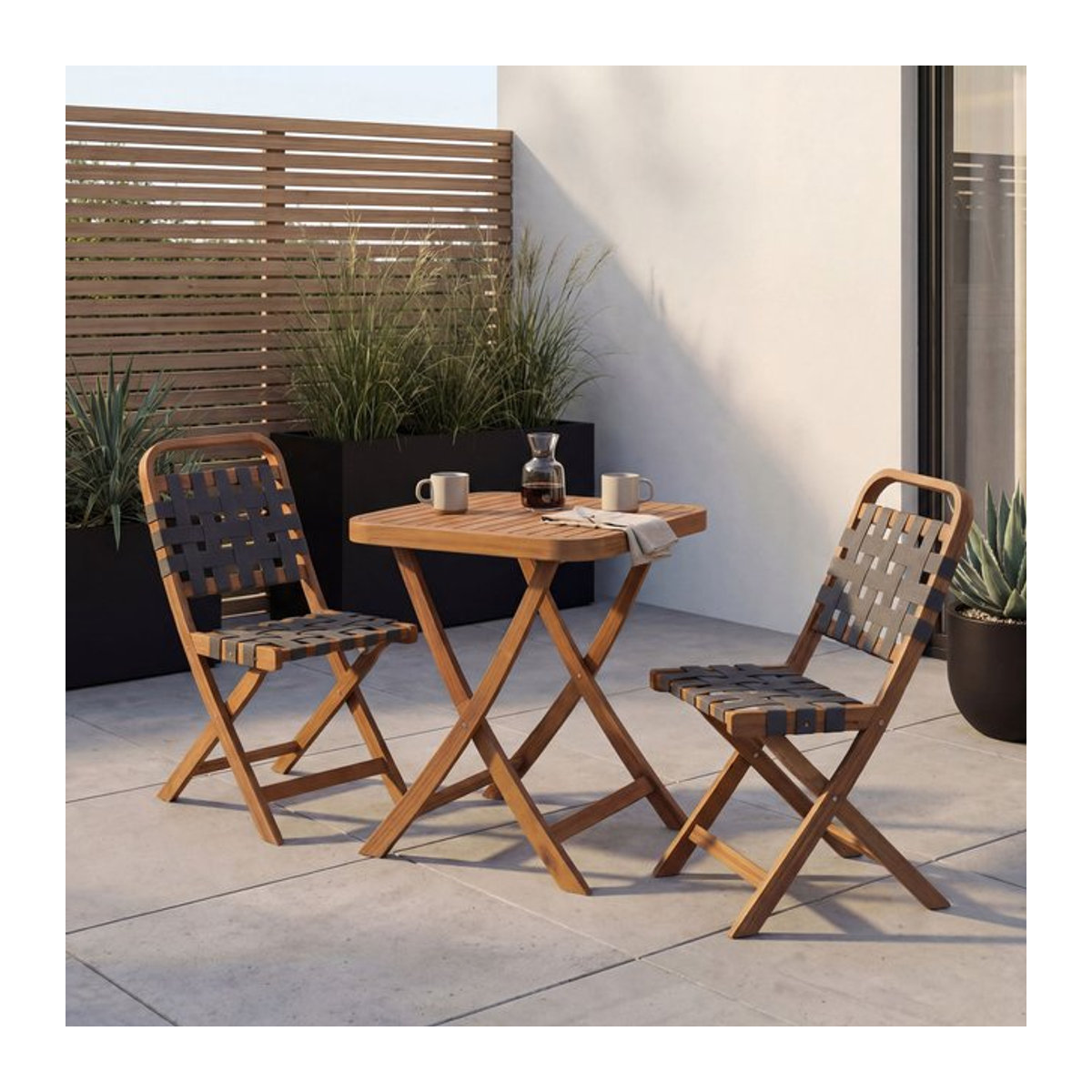 Garten-Set MCW-P70 Sitzgruppe aus Akazienholz mit Seilgeflecht in Natur und Grau, klappbare Balkon-Garnitur mit Tisch und 2 Stühlen - Bild 1