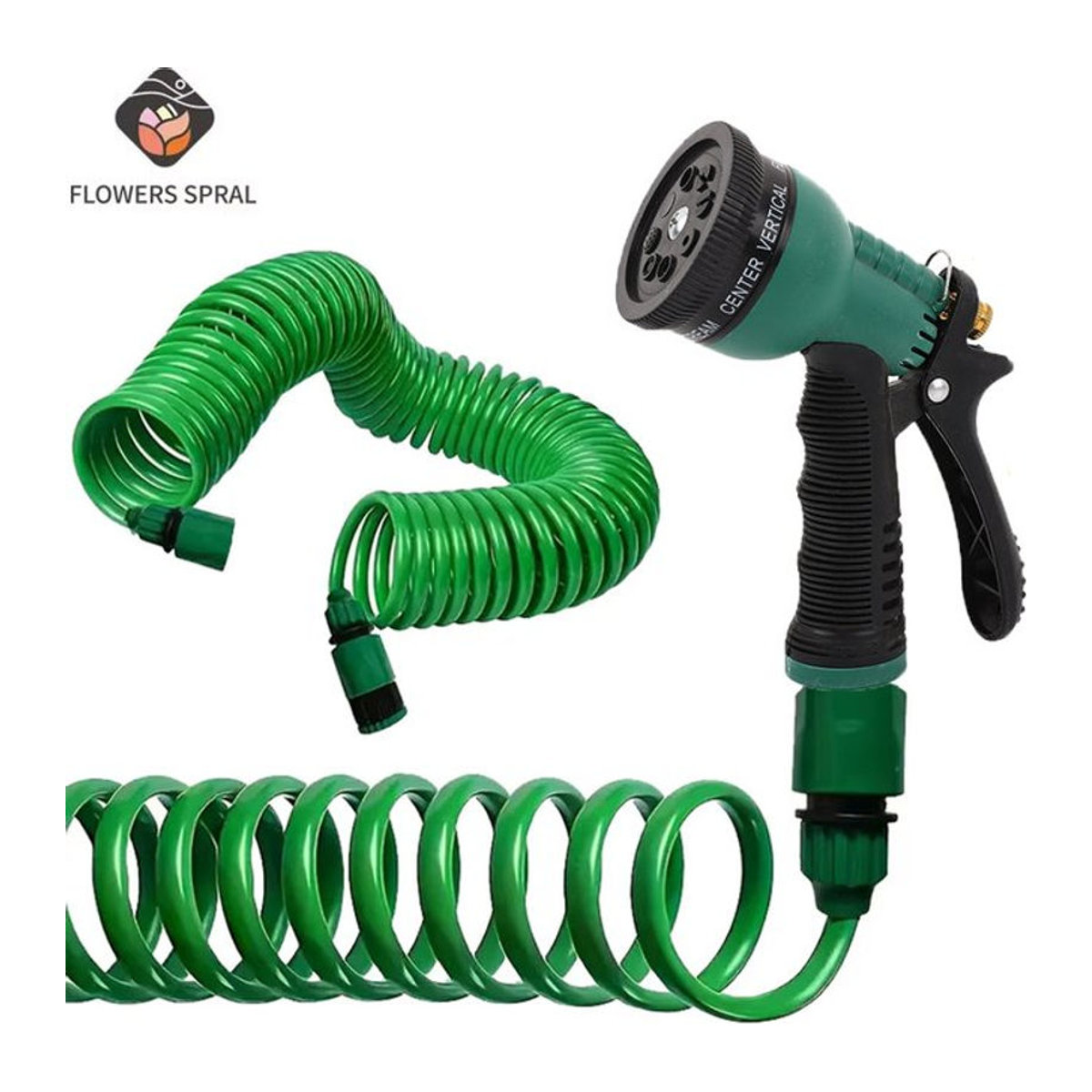 Gartenbewässerungs-Set aus Kunststoff mit 7-Funktionsdüse, Wasserpistole und flexiblem Federrohr in Grün - Bild 1