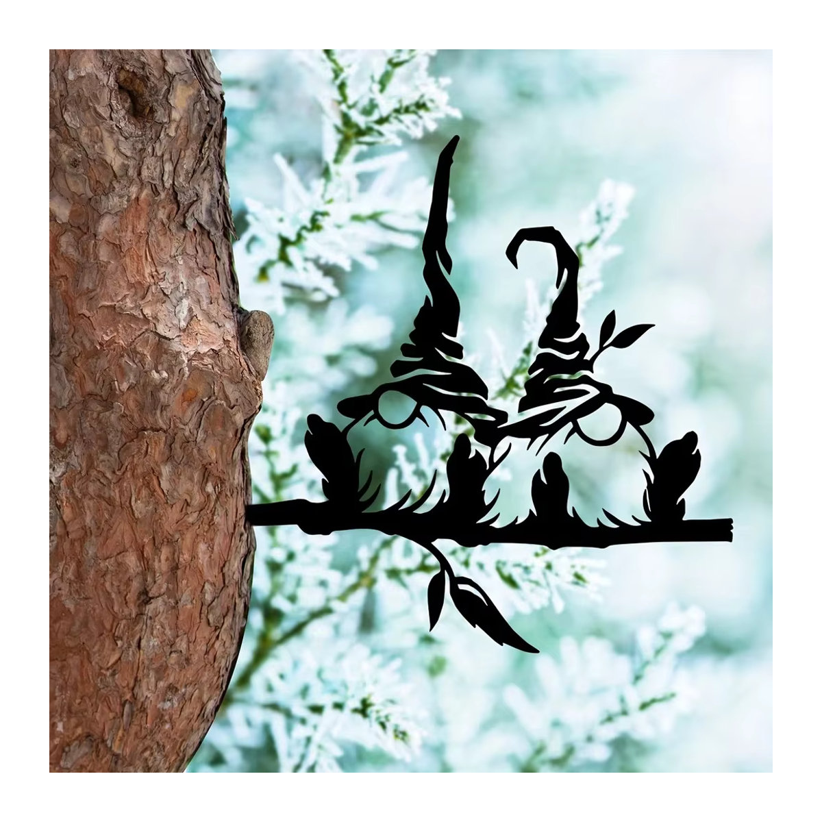 Gartendekoration aus Metall in Schwarz mit zwei Gnomen, Pilzen und Zweigen als Pfahl-Silhouette für deinen Garten und Hof - Bild 3