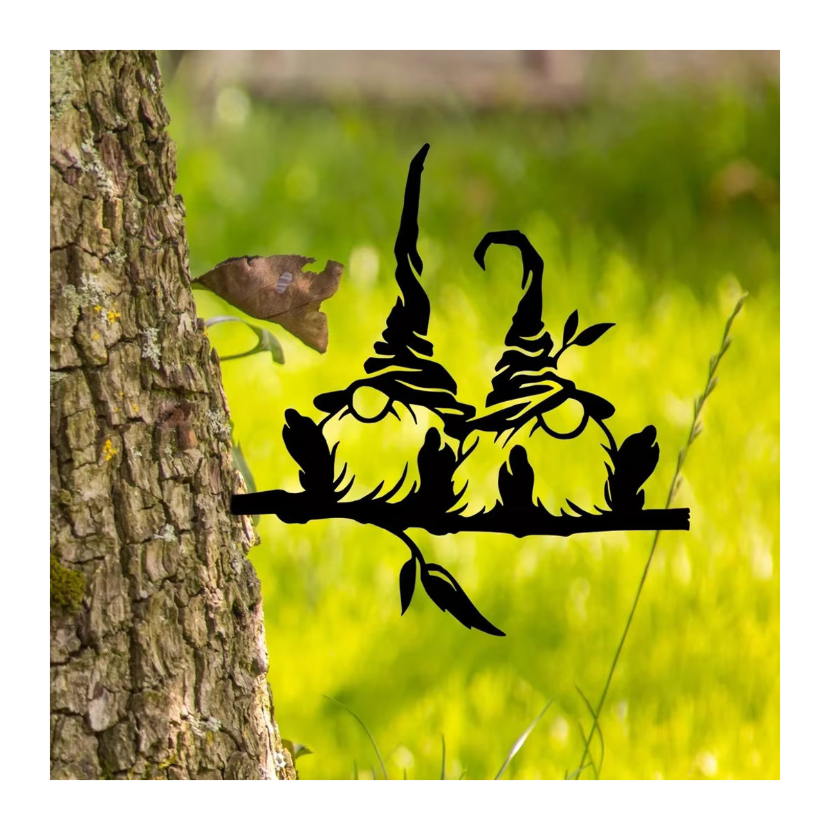 Gartendekoration aus Metall in Schwarz mit zwei Gnomen, Pilzen und Zweigen als Pfahl-Silhouette für deinen Garten und Hof - Bild 4