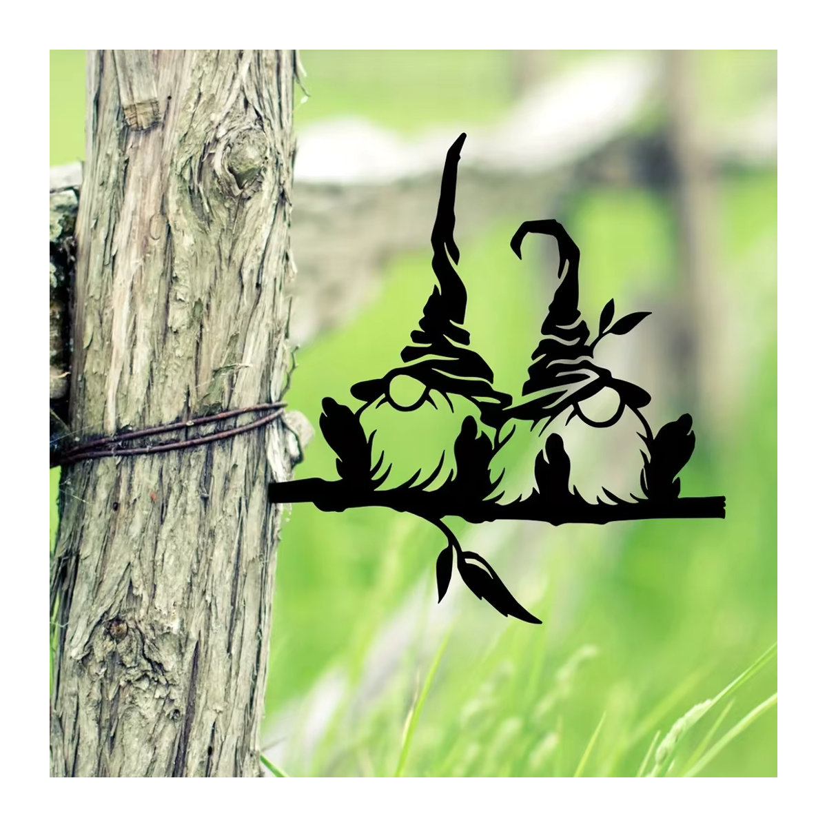 Gartendekoration aus Metall in Schwarz mit zwei Gnomen, Pilzen und Zweigen als Pfahl-Silhouette für deinen Garten und Hof - Bild 5