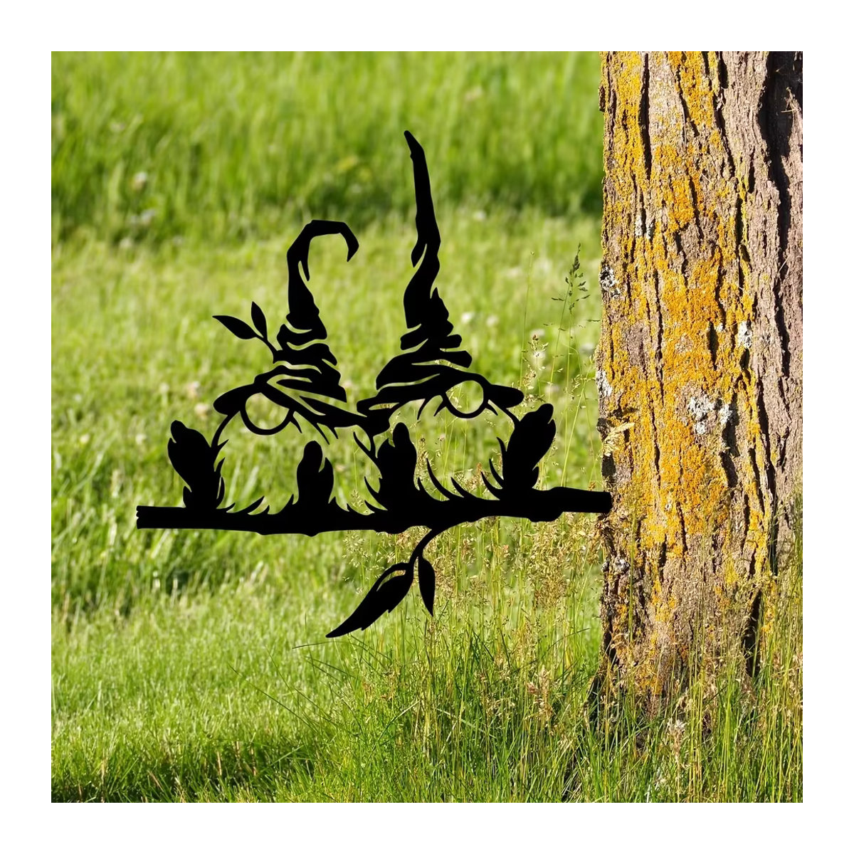 Gartendekoration aus Metall in Schwarz mit zwei Gnomen, Pilzen und Zweigen als Pfahl-Silhouette für deinen Garten und Hof - Bild 6
