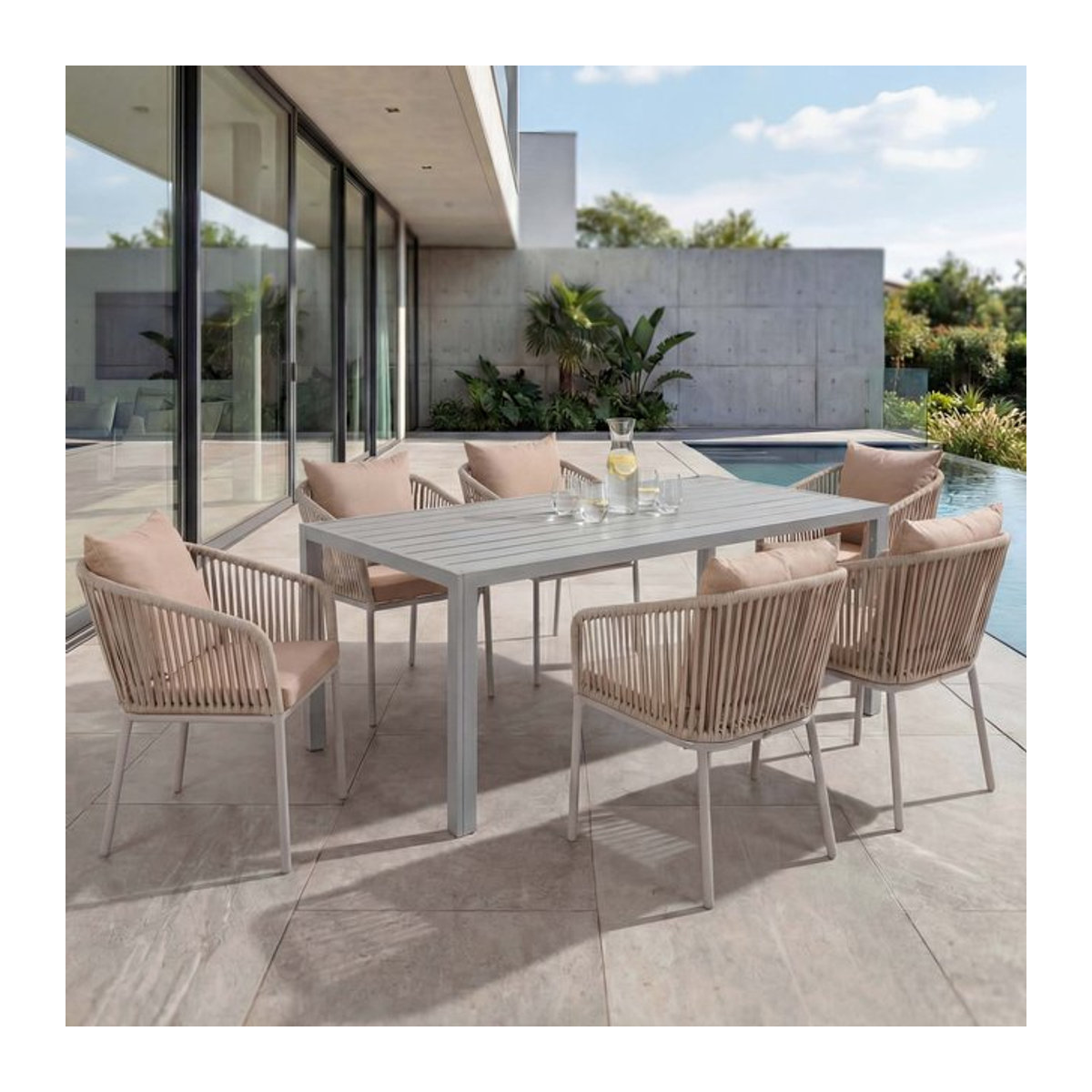 Gartengarnitur MCW mit Tisch und 6 Stühlen aus wetterfestem Aluminium in Grau mit Seilgeflecht und Kissen in Taupe, B/T: 180 x 80 cm - Bild 1