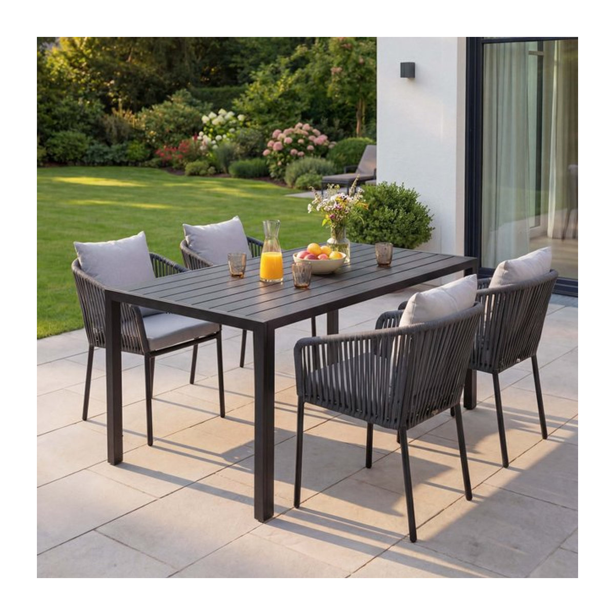 Gartengarnitur MCW Modernes Gartenmöbel-Set aus Aluminium mit Seilgeflecht in Anthrazit und grauen Kissen, Tisch und 4 Stühle, B/T/H: 140 x 80 cm - Bild 1