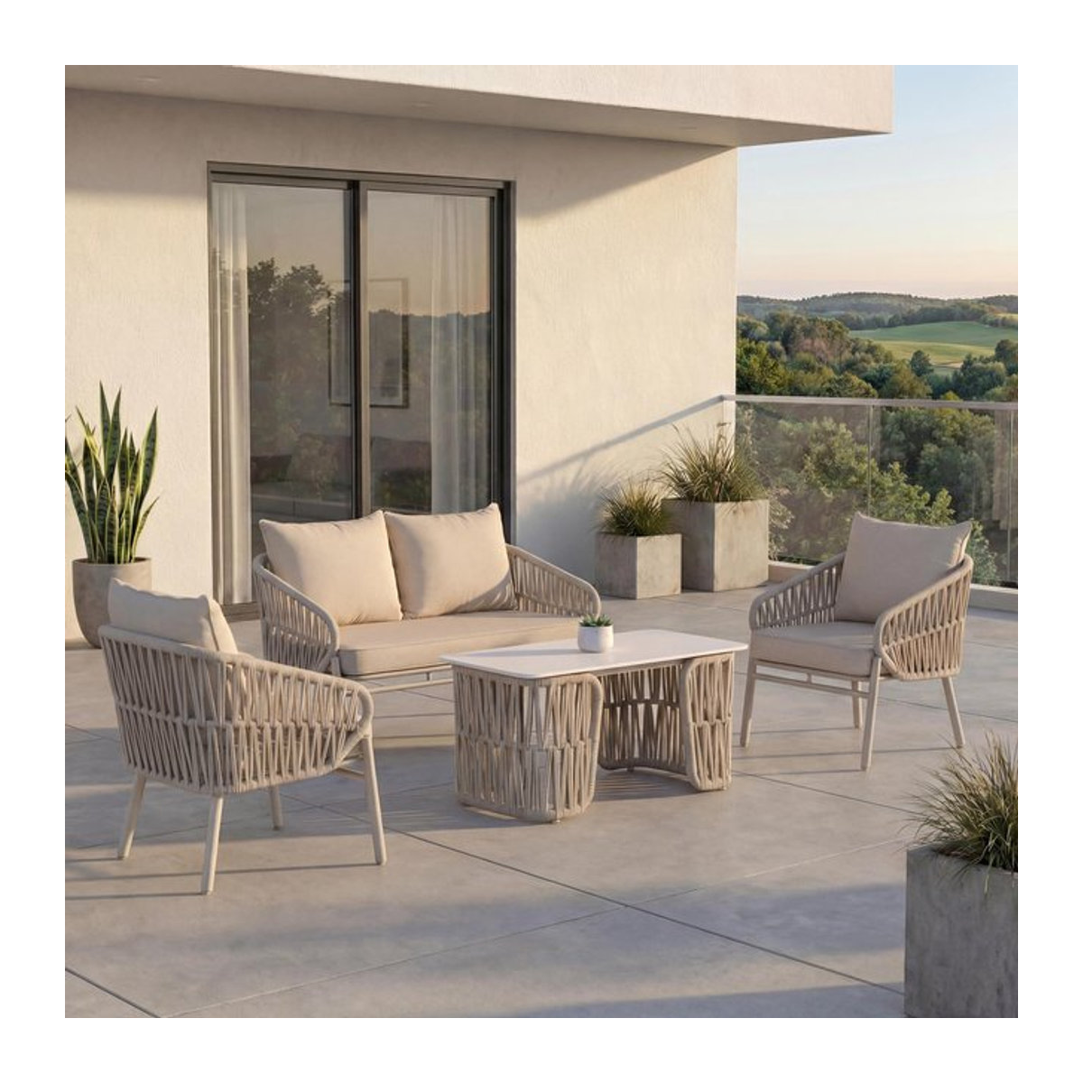 Gartengarnitur MCW-P90 Lounge-Set mit Sofa, Sesseln und Tisch aus Seilgeflecht in Creme - Bild 1